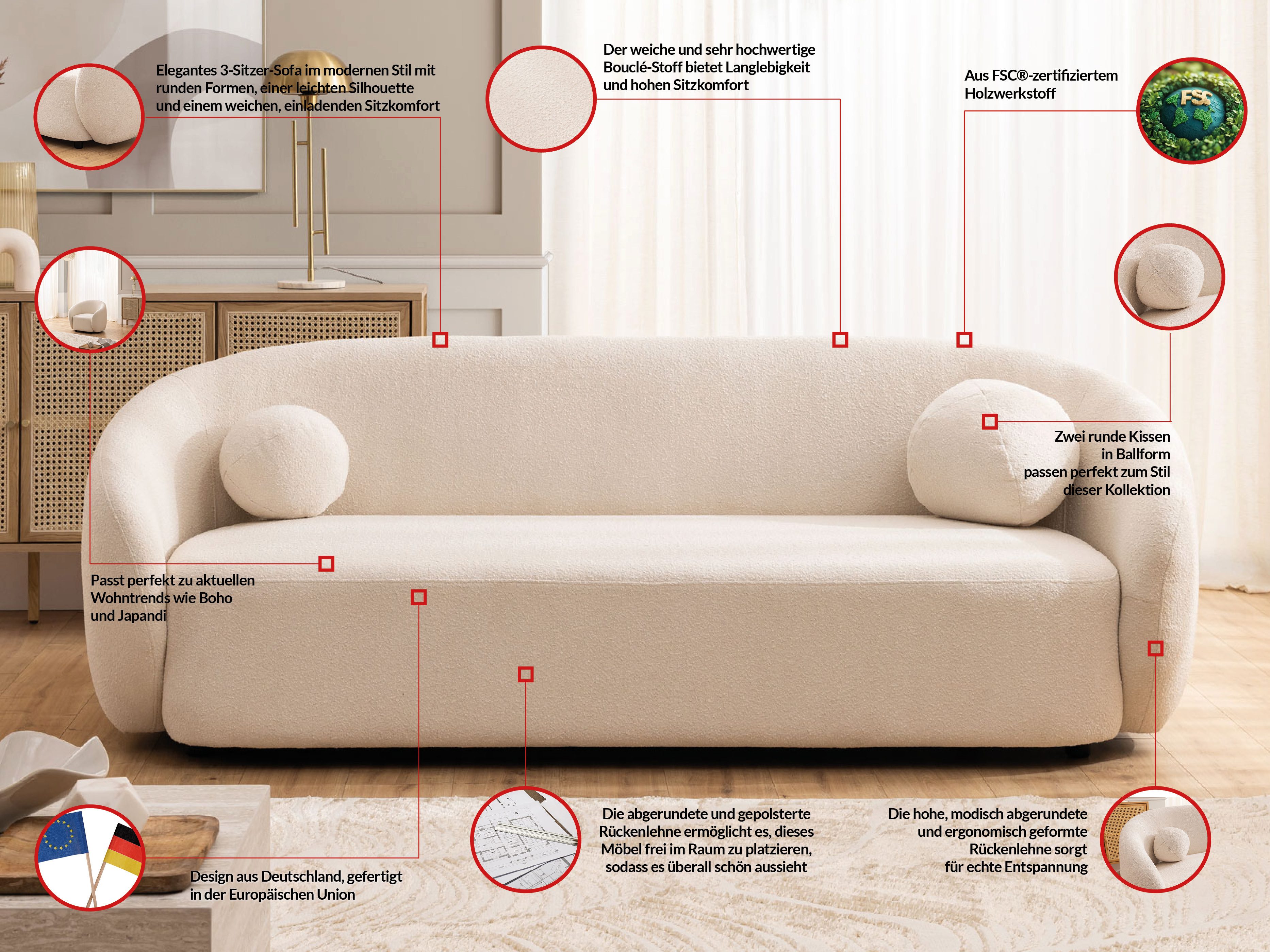 S-Style Möbel 3-Sitzer Sofa Roundi Bouclé Luxus & Moderne Kollektion
