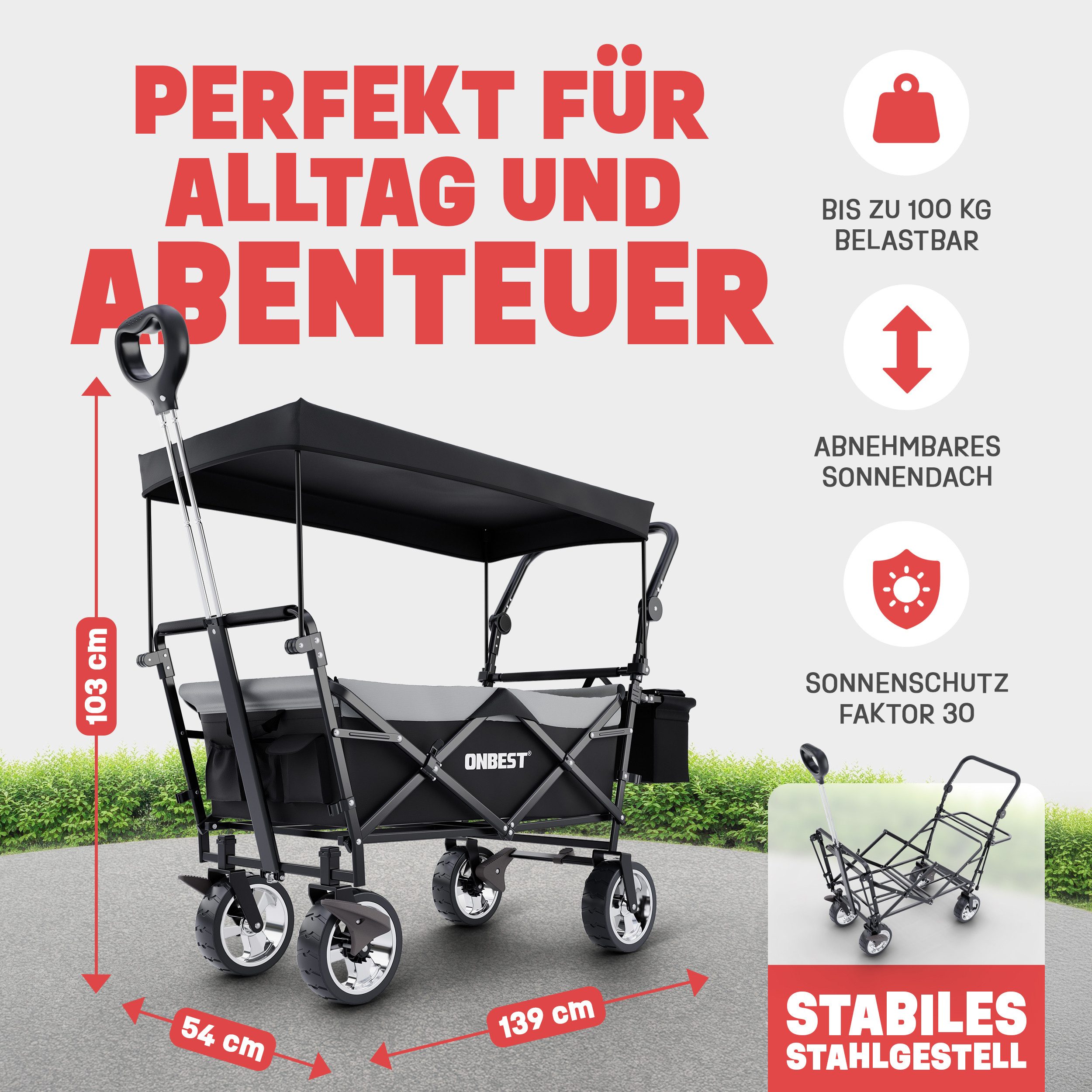 Thumbnail - Onbest Bollerwagen faltbar mit Dach, inklusive Kühltasche, Regencover, Getränkehalter, Pop-Up Design