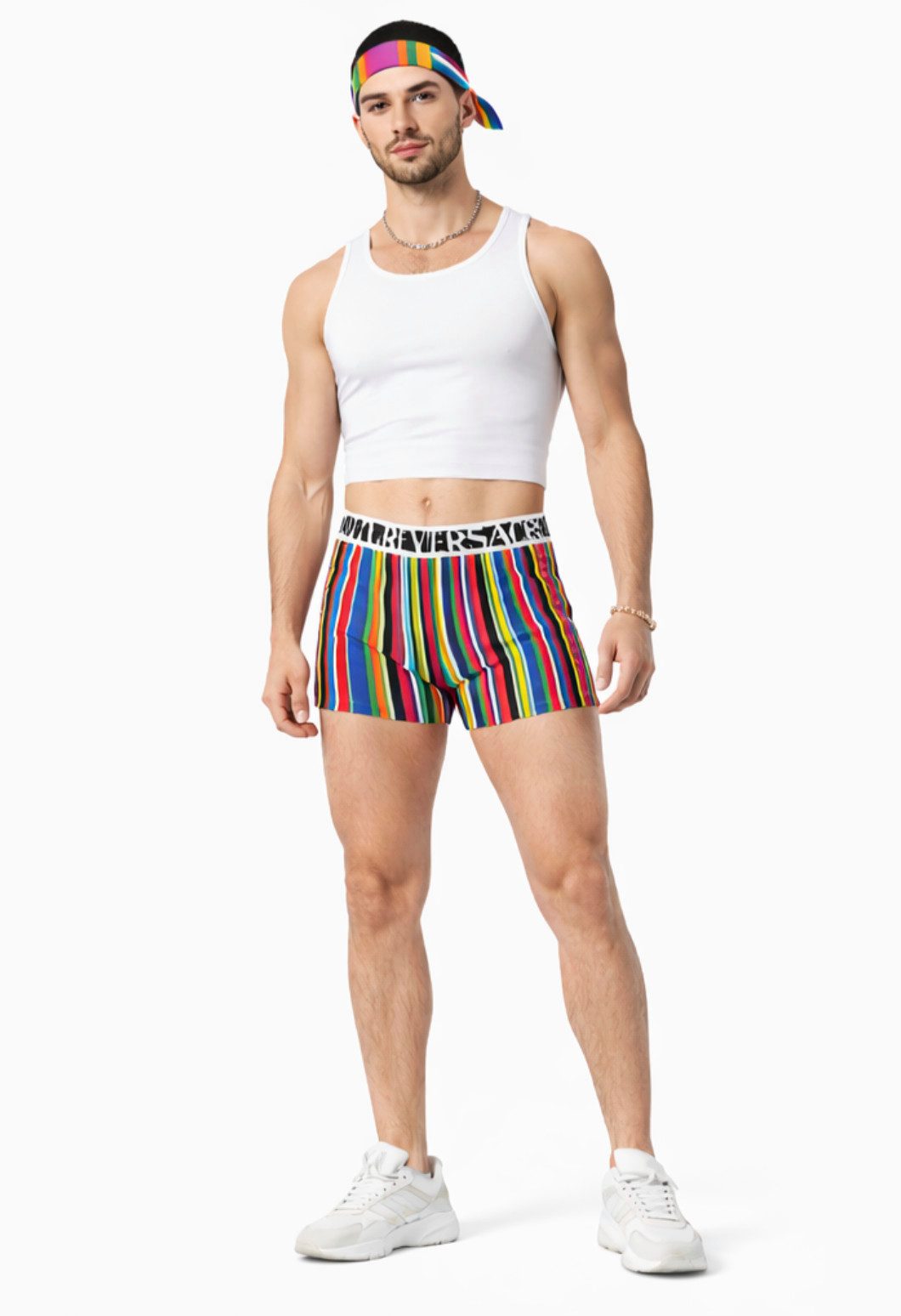 Versace Jeans Couture Shorts X PRIDE Hotpants 90er Jahre Gestreifte Multicolor Hergestellt in Italien,Bund mit dem ikonischen Versace-Schriftzug