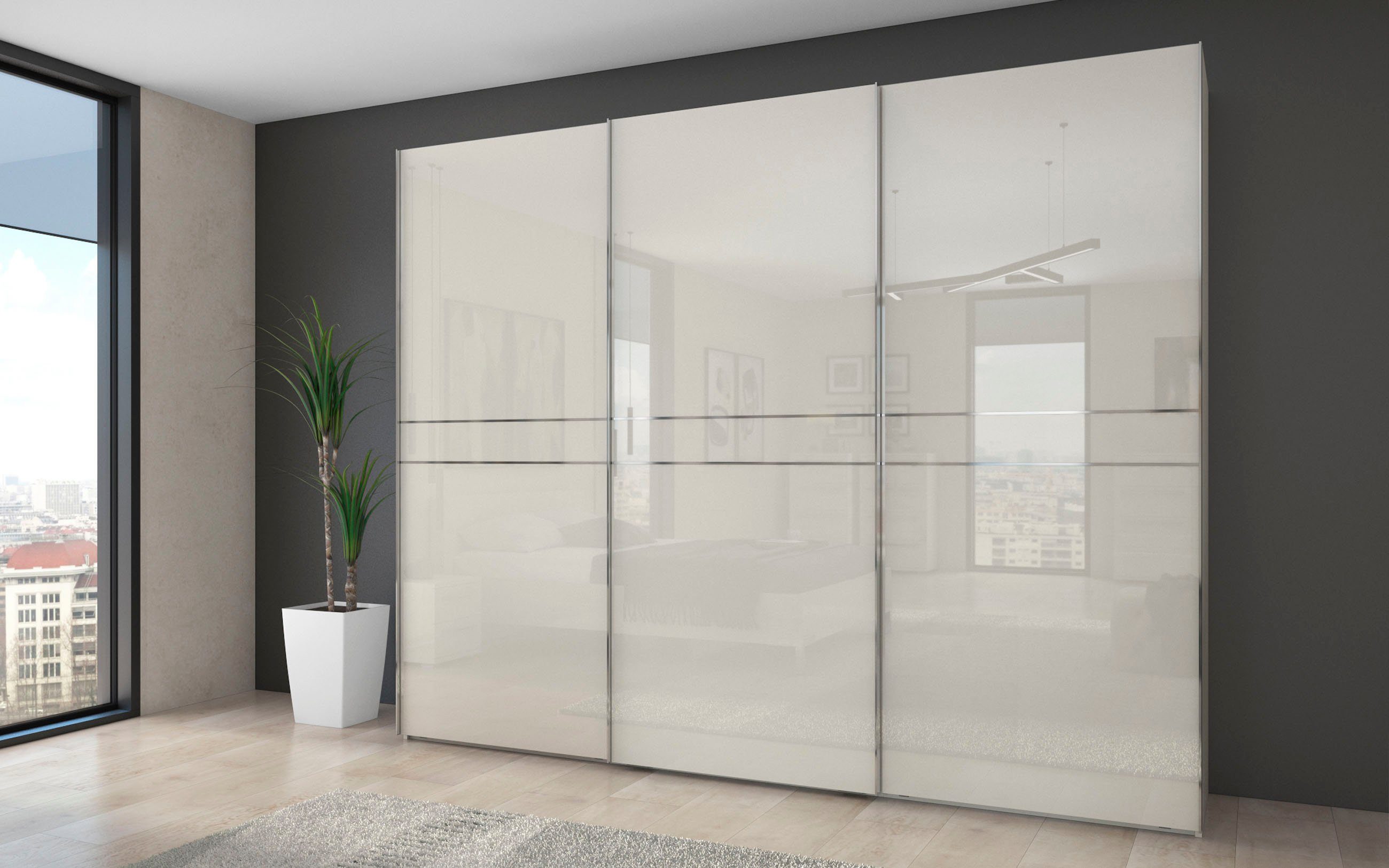 OTTO home Schwebetürenschrank Piano, FSC-zertifiziert, mit Einlegeböden und Kleiderstangen (in 3 Breiten, 224cm hoch, mit verchromten Aufleistungen) UV lackiert – Bild 2 von 5