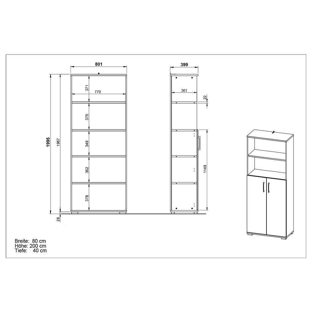 B/H/T: 80/200/40 cm Lomadox Büro in PRATO-01 ca. graphit, grau Aktenschrank mit