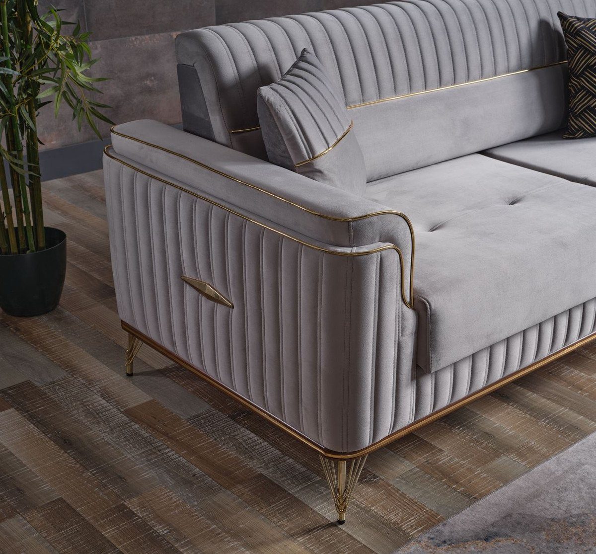 Schlafsofa / Hellgrau 3 - x - H. Sofa 94 / Casa 228 x mit Kissen cm Braun Padrino Luxus Wohnzimmer Schlafsofa Gold Möbel Luxus 88 Wohnzimmer