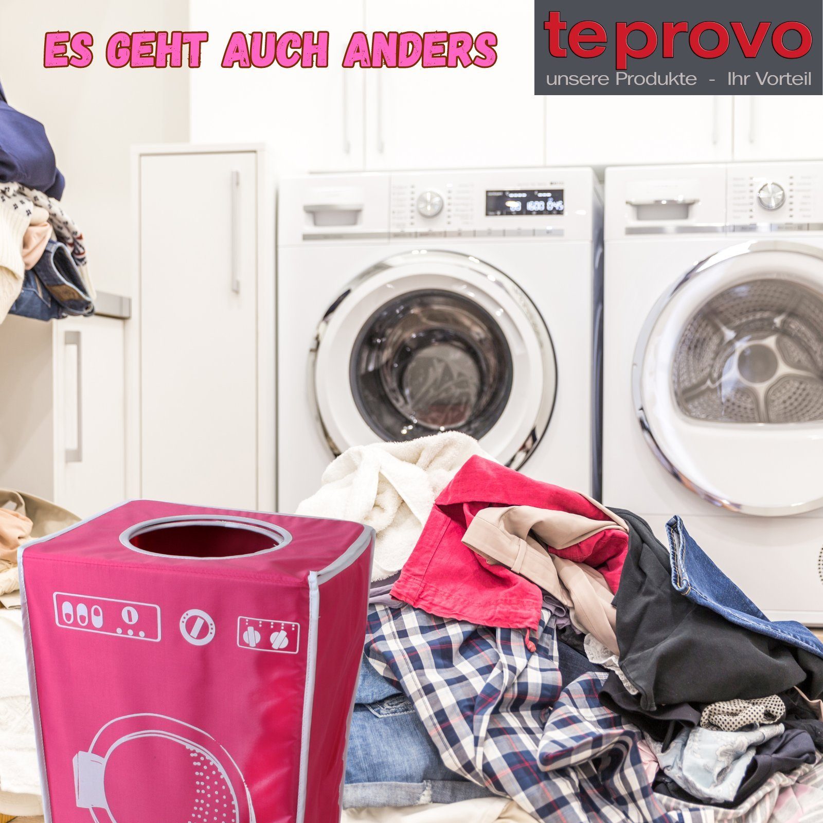 TE-Trend Wäschesortierer 50 l Wäschekorb textile Wäschebox pink mit Deckel (mit integriertem Deckel), faltbar, mit Abwurföffnung im Deckel