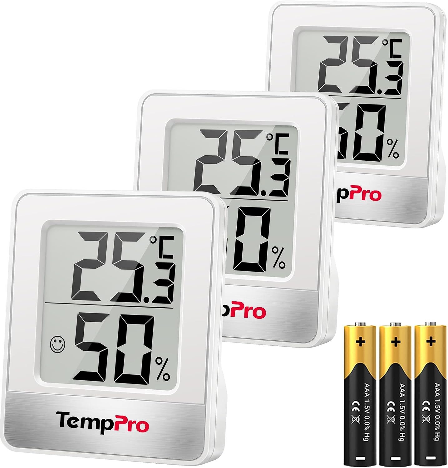 ThermoPro Hygrometer TP49, (Packung, 3-St), Komfortindikator, Magnetrückseite, Standfuß, Aufhängeöffnung