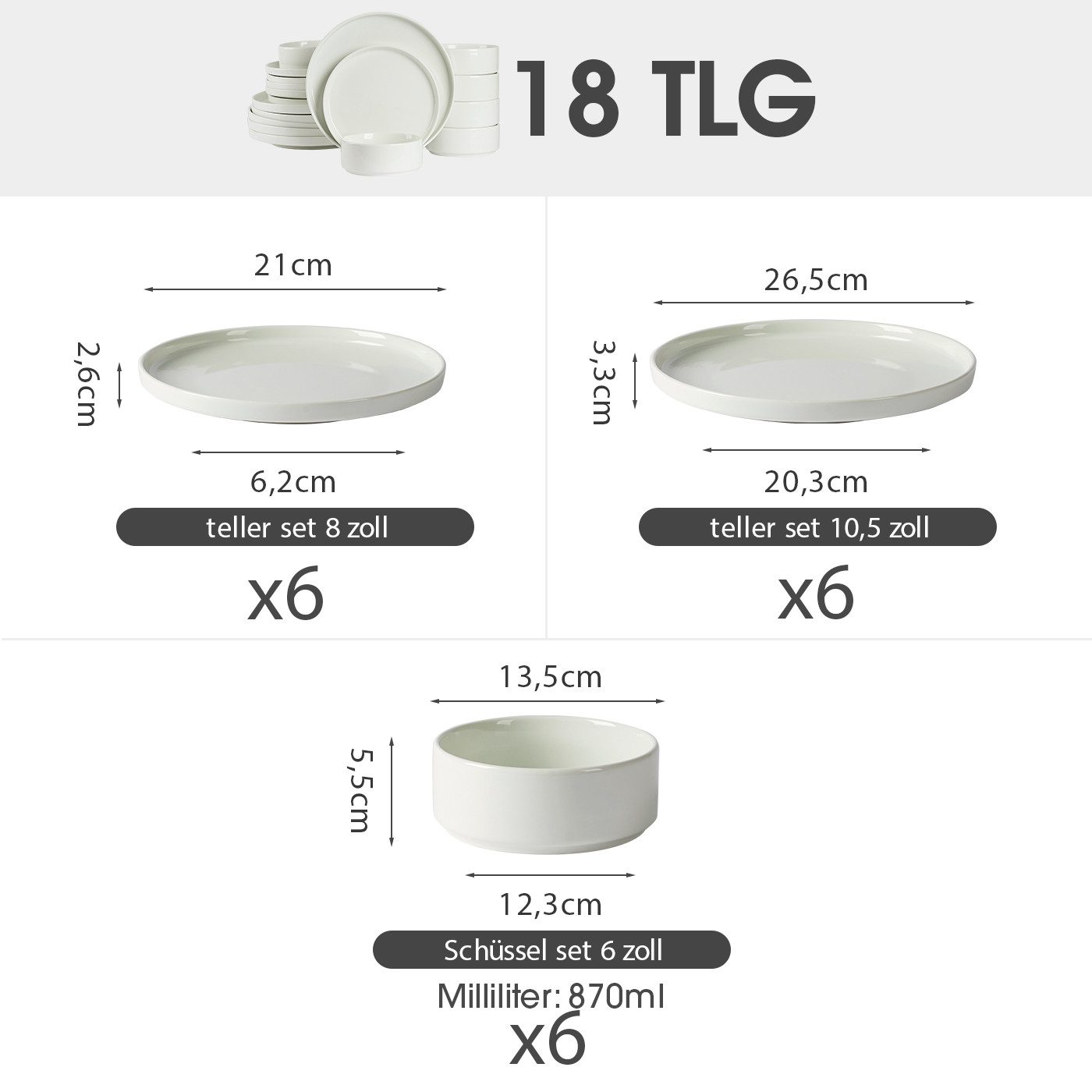 JIWOO Geschirr-Set 18er Tafelservice TellerSet Kombiservice Schüssel Speiseteller Set (18-tlg), 6 Personen, Keramik, Hochwertiges Keramik Geschirr Set Weiß Mikrowellen spülmaschinenfest