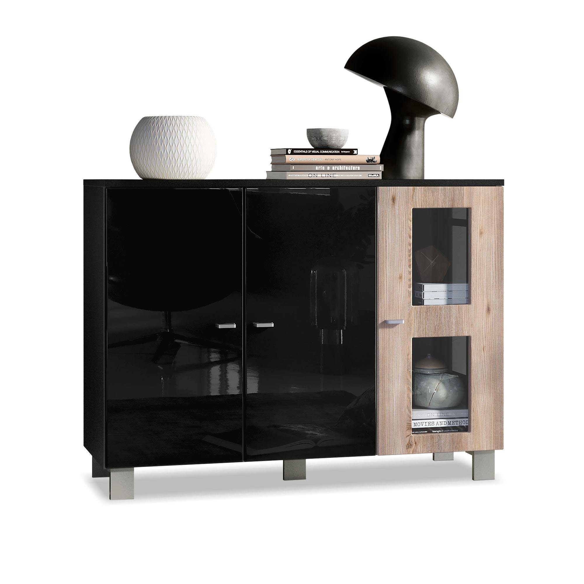 Vladon Sideboard Denjo (Kommode, mit 3 Türen), Schwarz matt/Schwarz Hochglanz/Eiche Nordic (107 x 81 x 35 cm)