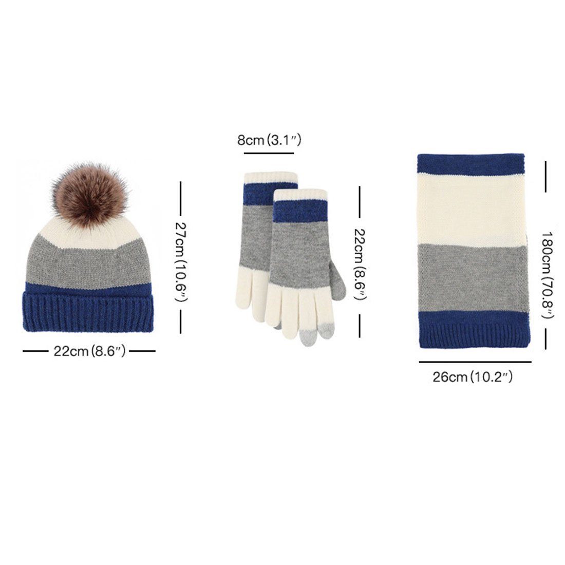 Blau 3er Mütze Strickmütze Set Warme + Handschuhe Winter Modische Schal Wollmütze, DÖRÖY Bunte Weiß