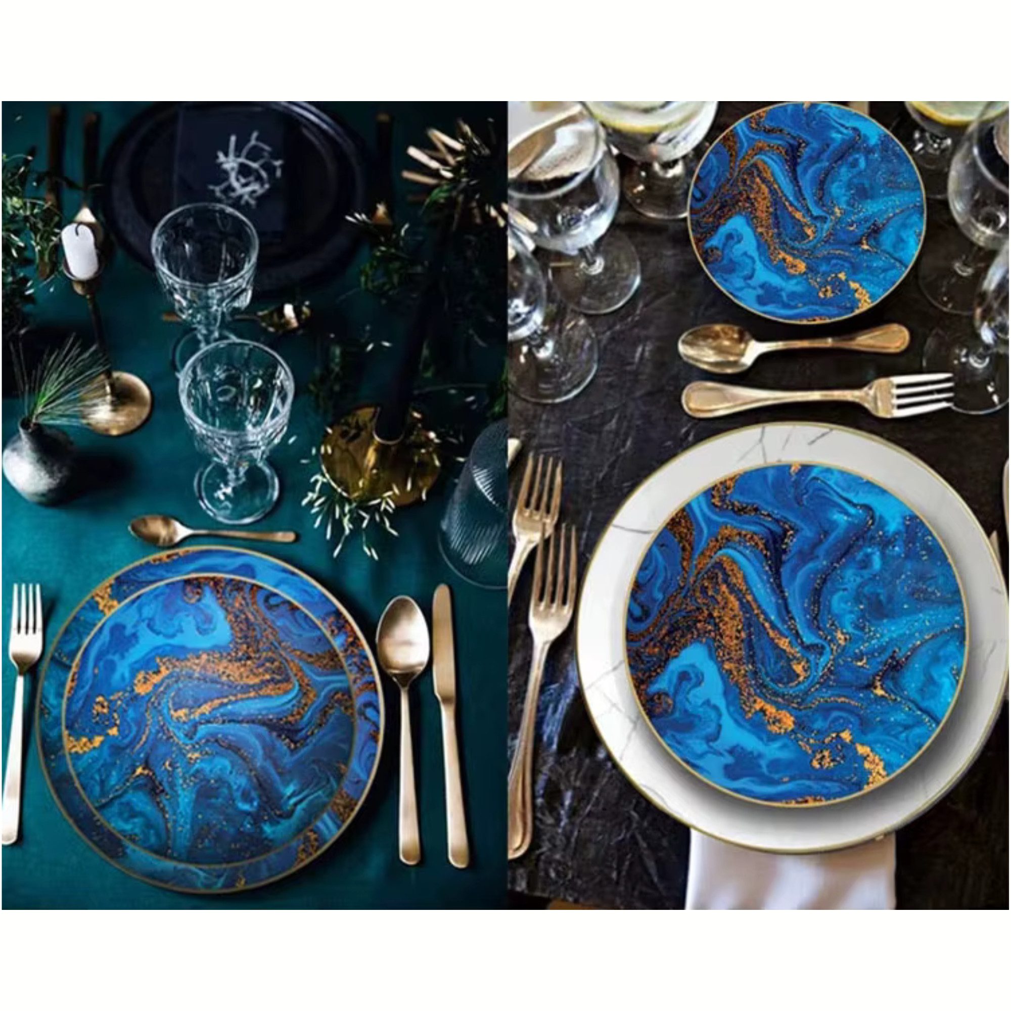 Quality Elegance Speiseteller Blue Planet Gold Rimmed Keramik Tellerset 4-Pcs Elegantes Geschirrset, (4 St)