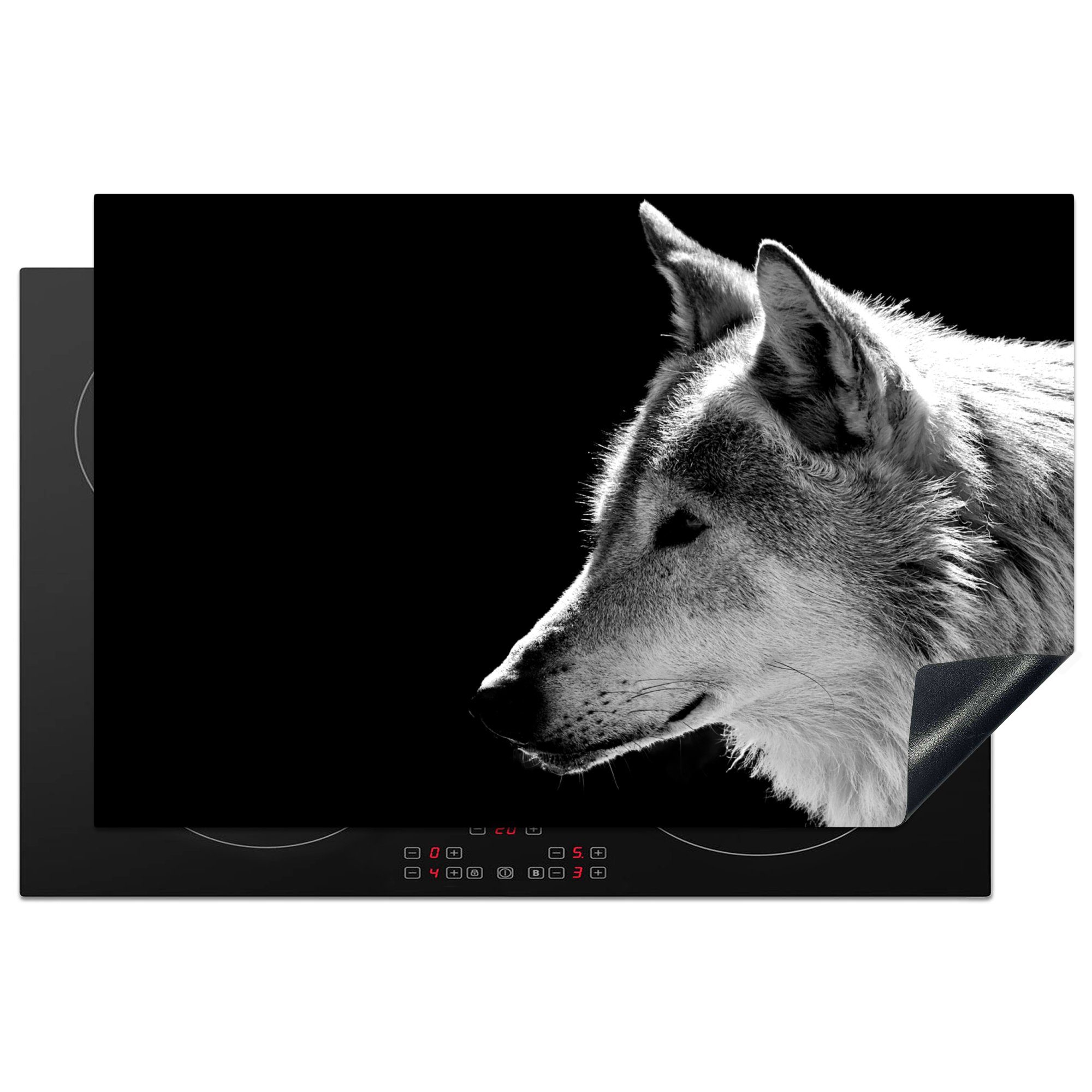 MuchoWow Herdblende-/Abdeckplatte Wildlife - Wolf - Schwarz - Weiß, Vinyl, (1 tlg), 81x52 cm, Ceranfeldabdeckung, Arbeitsplatte für küche