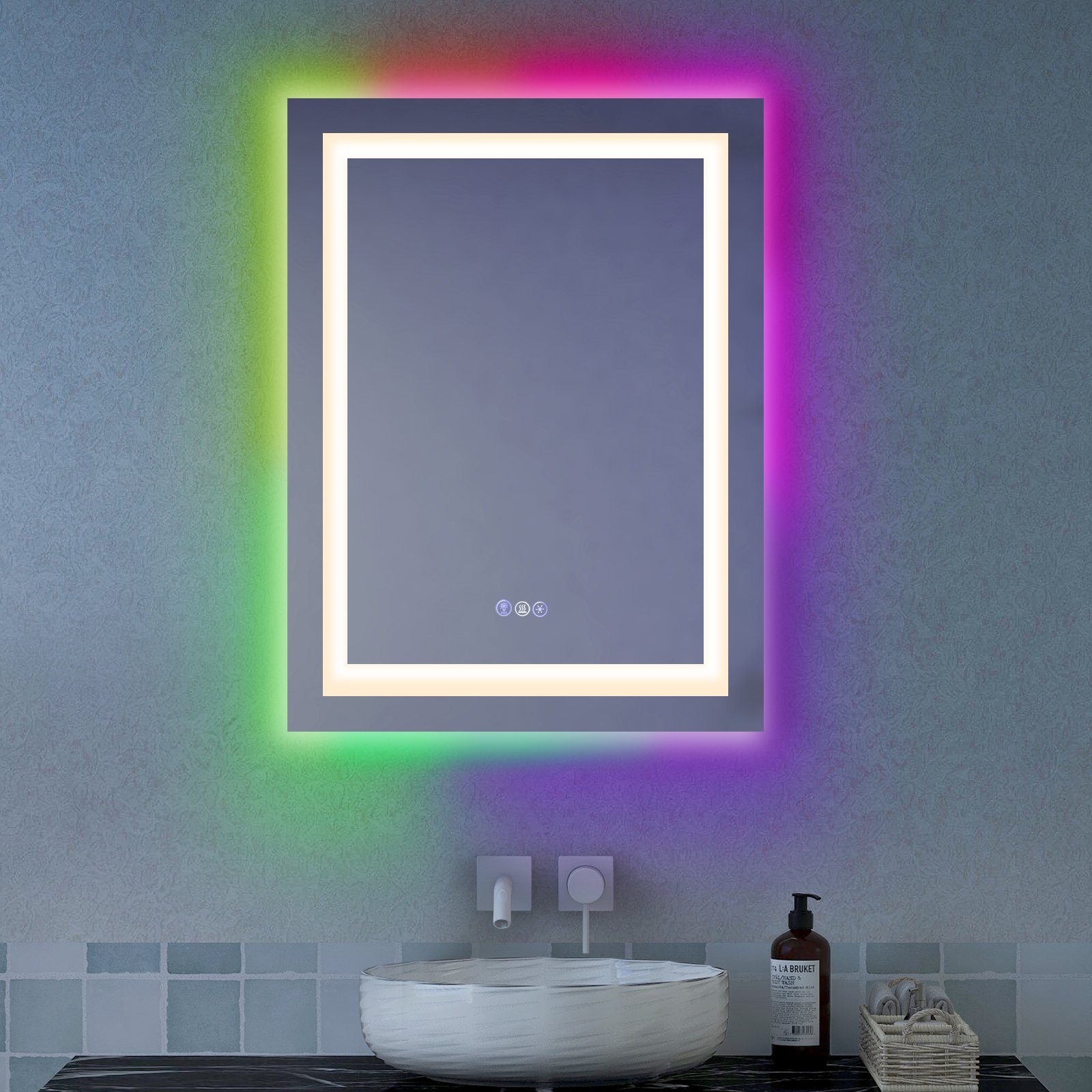 COSTWAY Badspiegel bunt LED-Spiegel, Wandspiegel, 80x60cm rechteckig | Badspiegel
