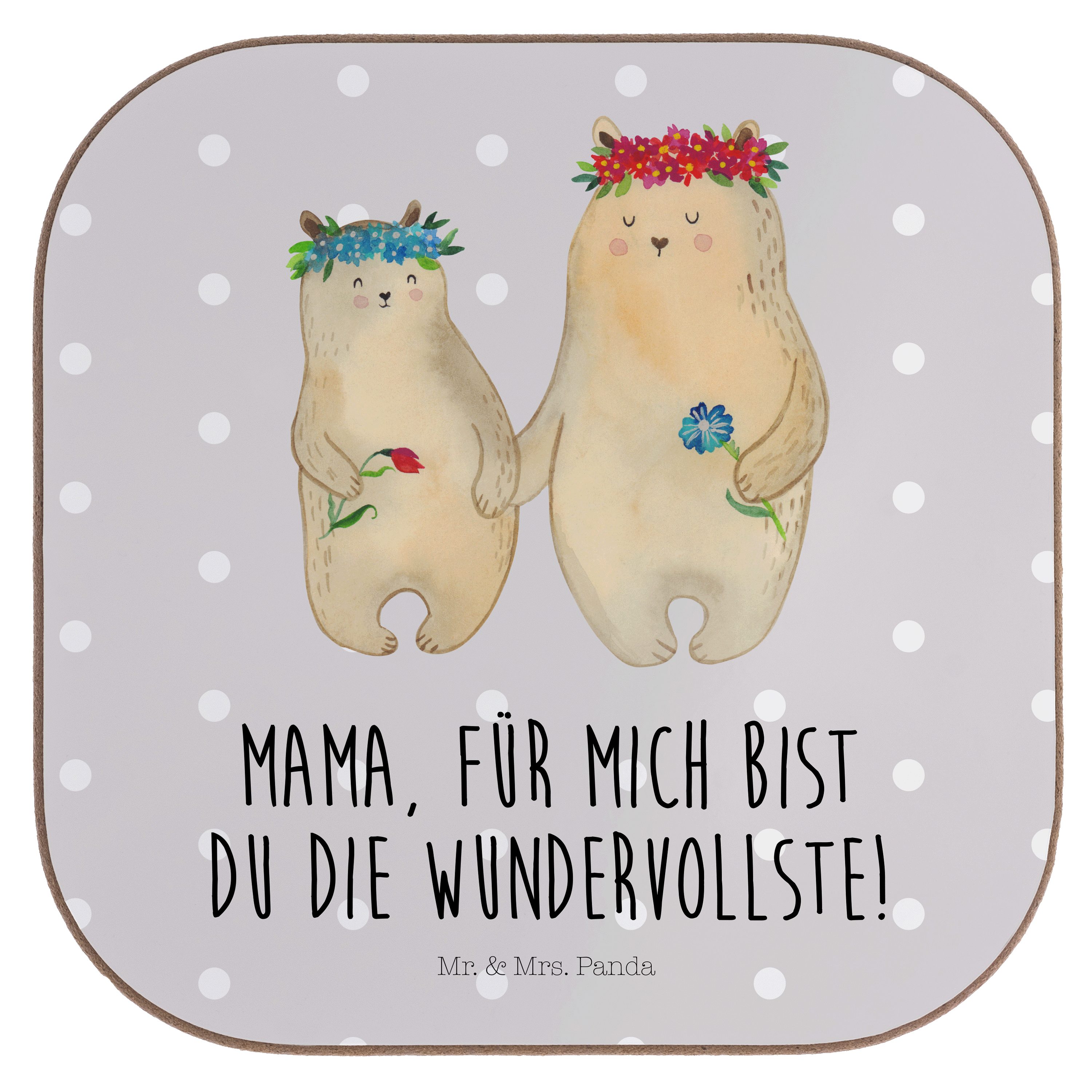 Mr. & Mrs. Panda Getränkeuntersetzer Bären mit Blumenkranz - Grau Pastell - Geschenk, Vorbild, Glasunterse, 1-tlg.