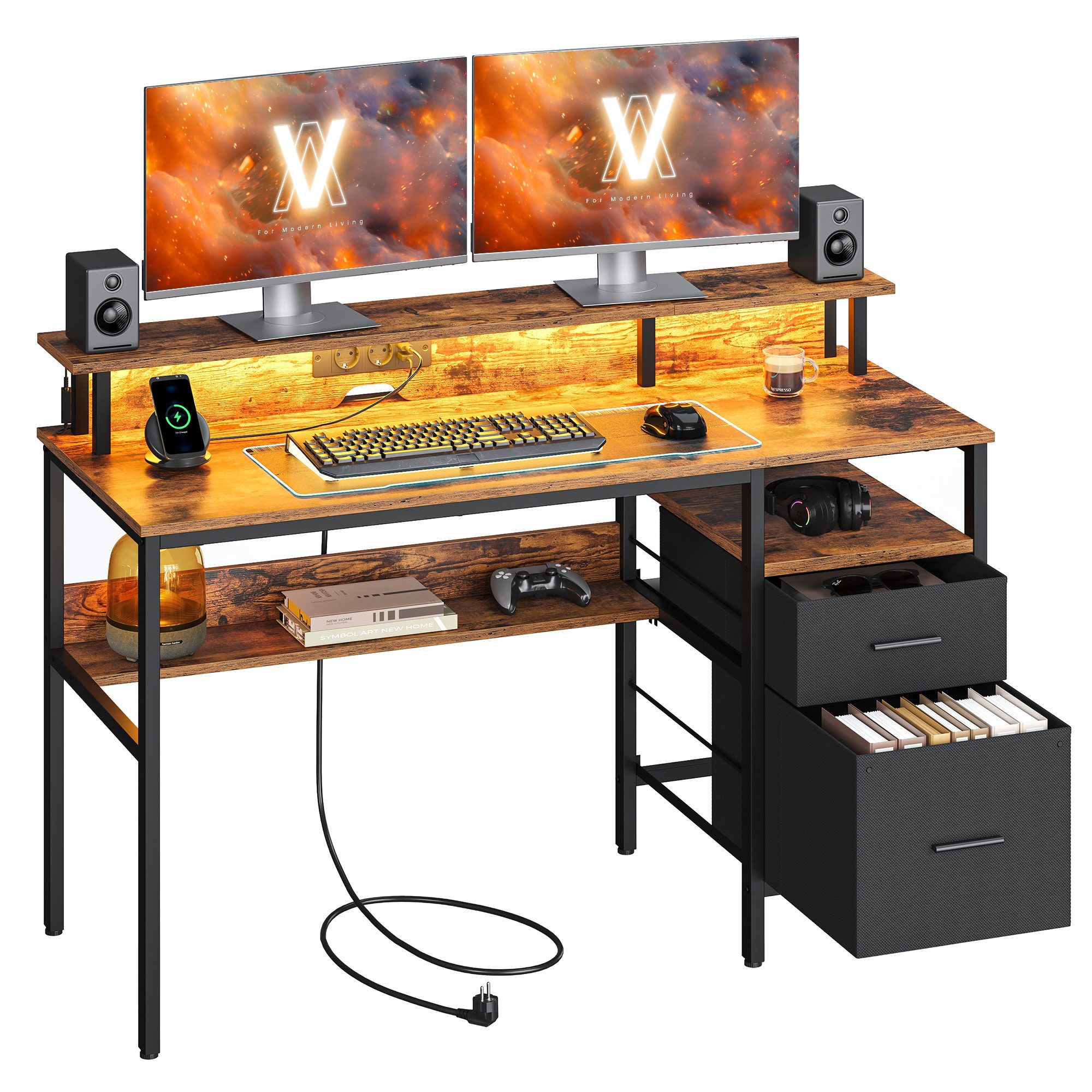 VASAGLE Schreibtisch Computertisch, mit LED-Beleuchtung, eingebaute Steckdo günstig online kaufen