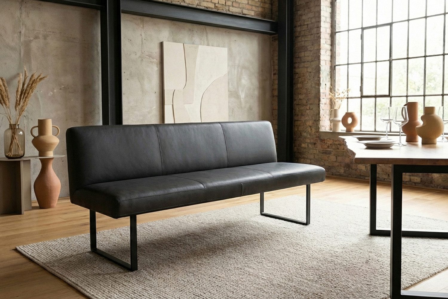 KAWOLA Sitzbank ELEEN Esszimmerbank Leder pigmentiert – modernes Design, 243 cm Breite, hoher Sitzkomfort, Metallgestell schwarz