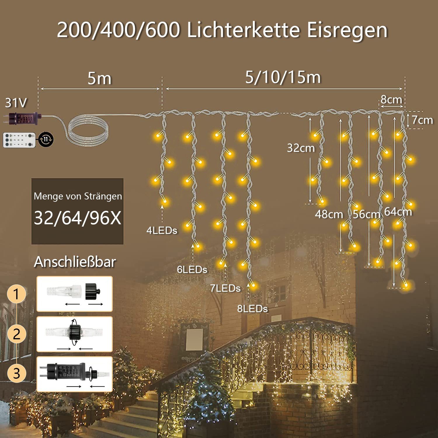 XERSEK LED-Lichtervorhang Eisregen LED Lichtervorhang 5/10/15m günstig online kaufen
