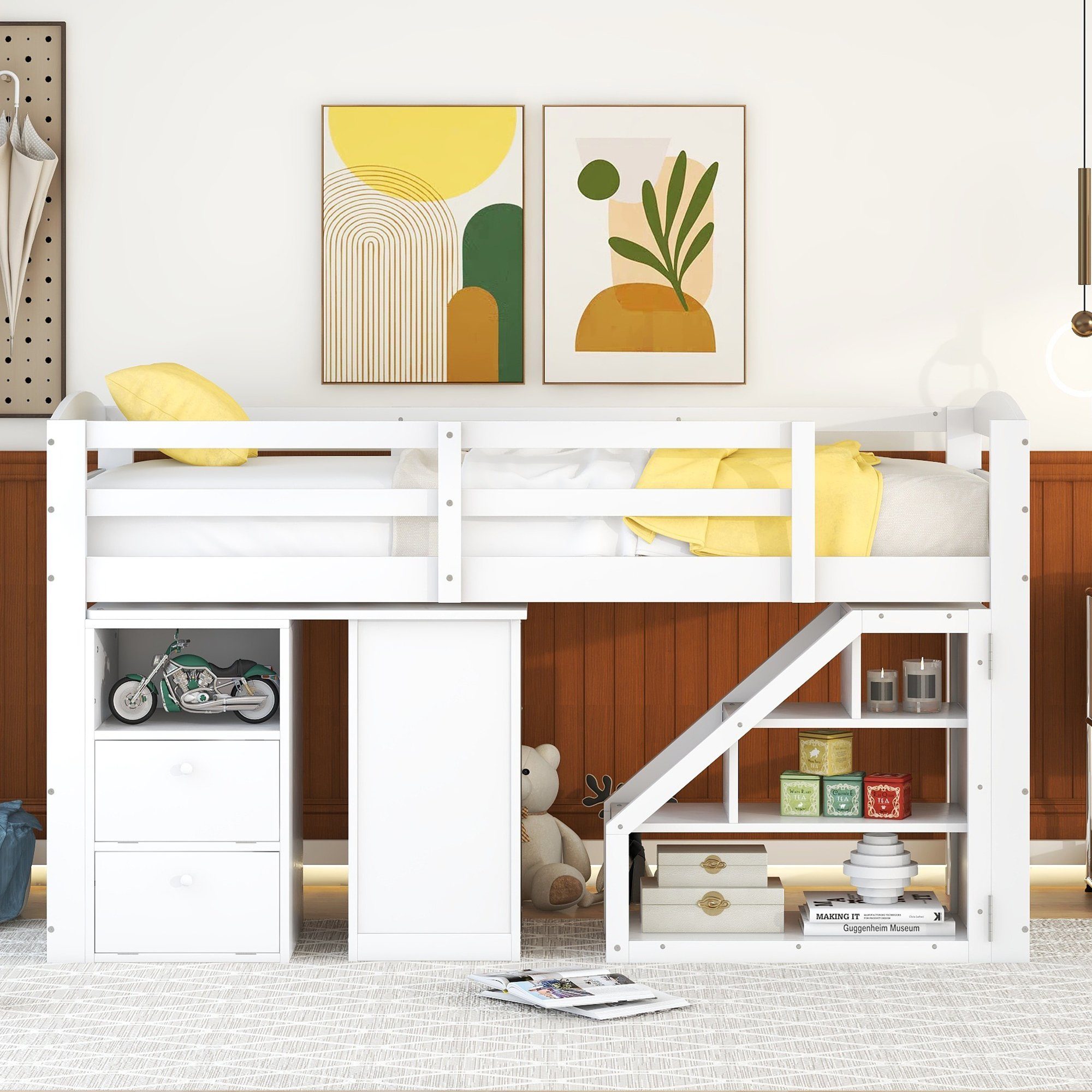 Kiefer Flieks mit Hochbett Schreibtisch Kinderbett Schrank & & 90x200cm Treppe