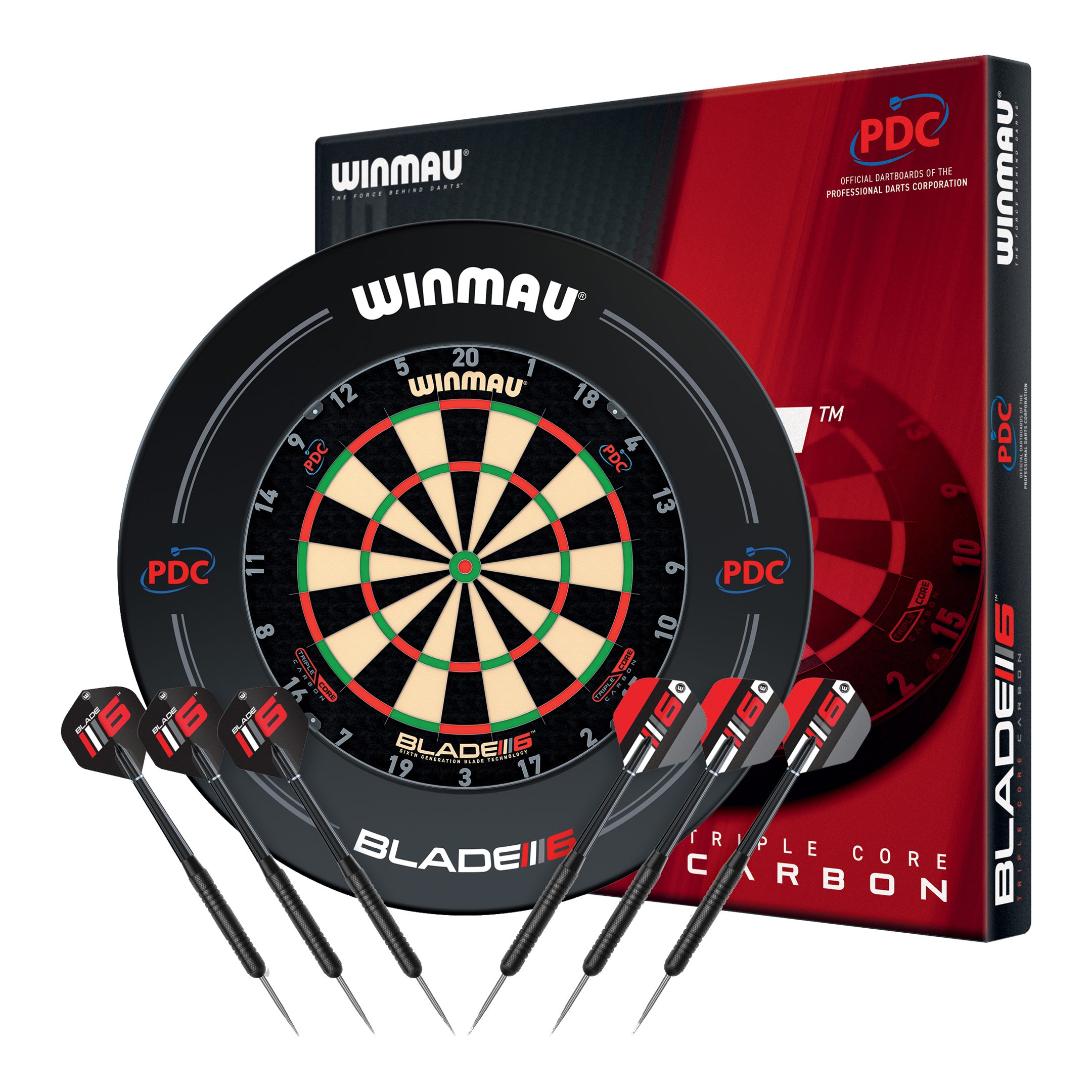 Winmau Dartscheibe Winmau Blade 6 Triple Core Set mit PDC Surround und 2 Sets Darts, (Dartscheibe, Dartsurround (Wandschutz), Dartpfeile)