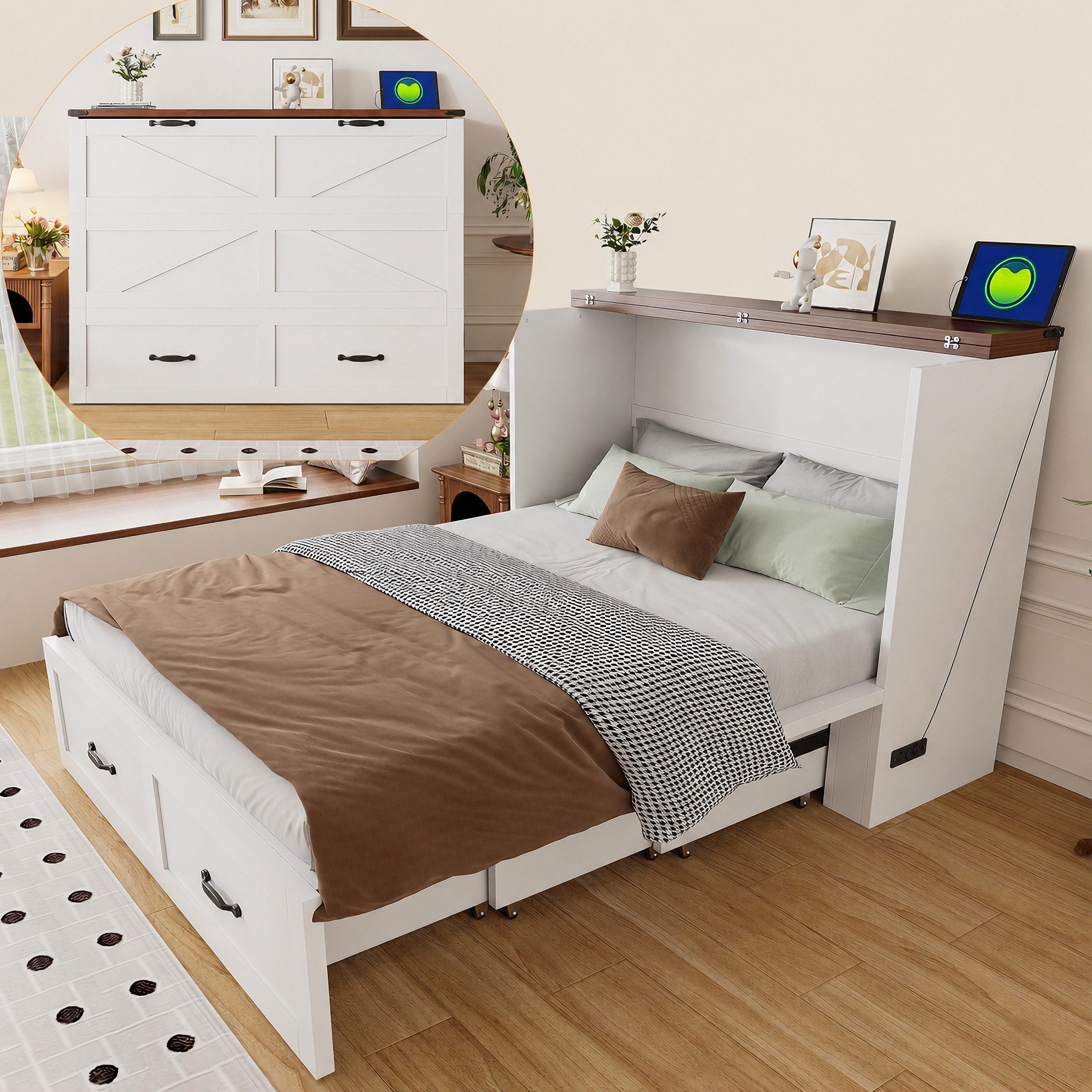 Flieks Schrankbett Klappbett Ausziehbett Holzbett 140x200cm mit Steckdose