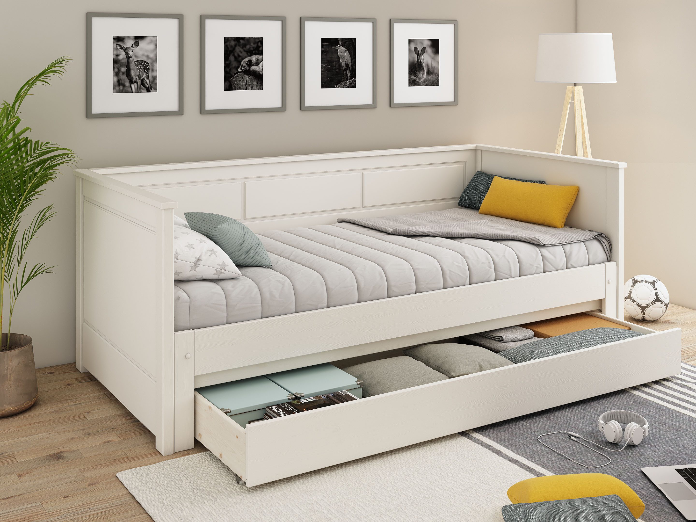Lüttenhütt Funktionsbett " ERIK " TOPSELLER! Daybed, Gästebett, Kinderbett, Massivholz (Kiefer), 2. Schlafplatz ausziehbar, moderner Landhausstil, Schublade optional