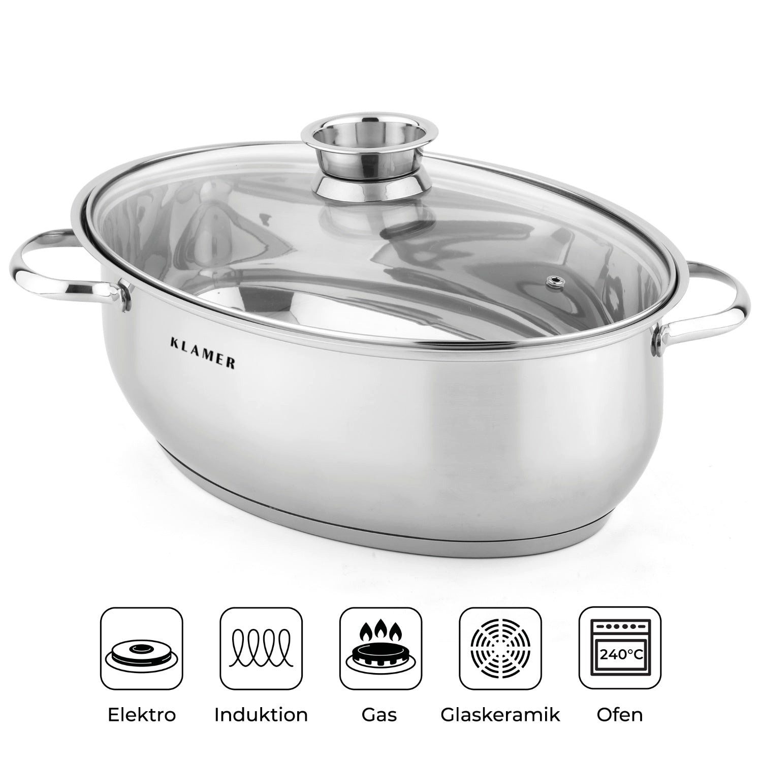 KLAMER Bräter 38 cm, backofengeeignet, 8,5L XXL Bräter mit Deckel, mit 4L Deckelpfa…, Edelstahl, Energiesparend, Güteglasdeckel, tropffrei abgießen