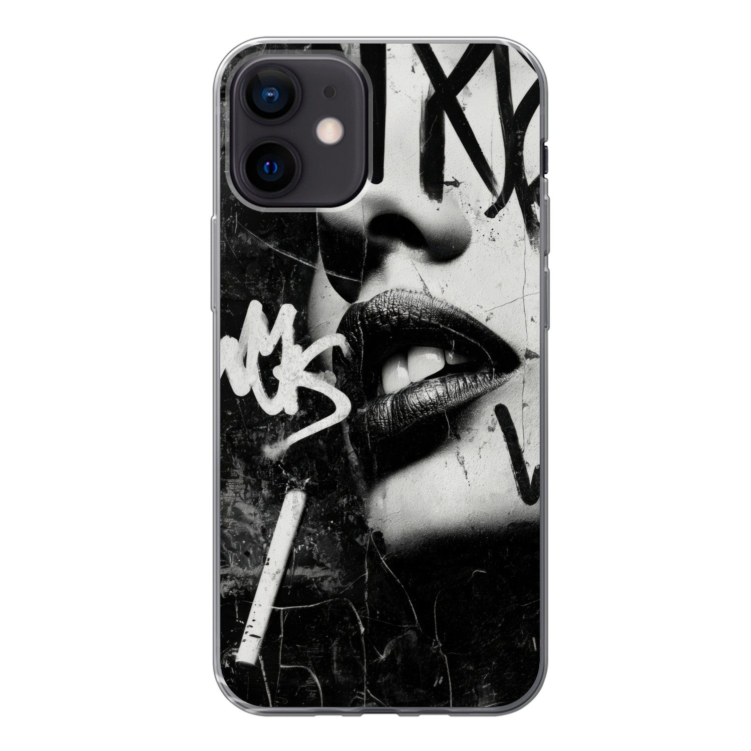 MuchoWow Handyhülle für Apple iPhone 12 Gesicht - Mund - Graffiti - Schwarz, Smartphone-Bumper, Print, Handy Schutzhülle Dünn