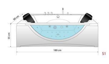 AcquaVapore Whirlpool-Badewanne Whirlpool Badewanne Wanne W81H-B 180x90cm, (1-tlg), Mit Fußgestell und Ablaufgarnitur