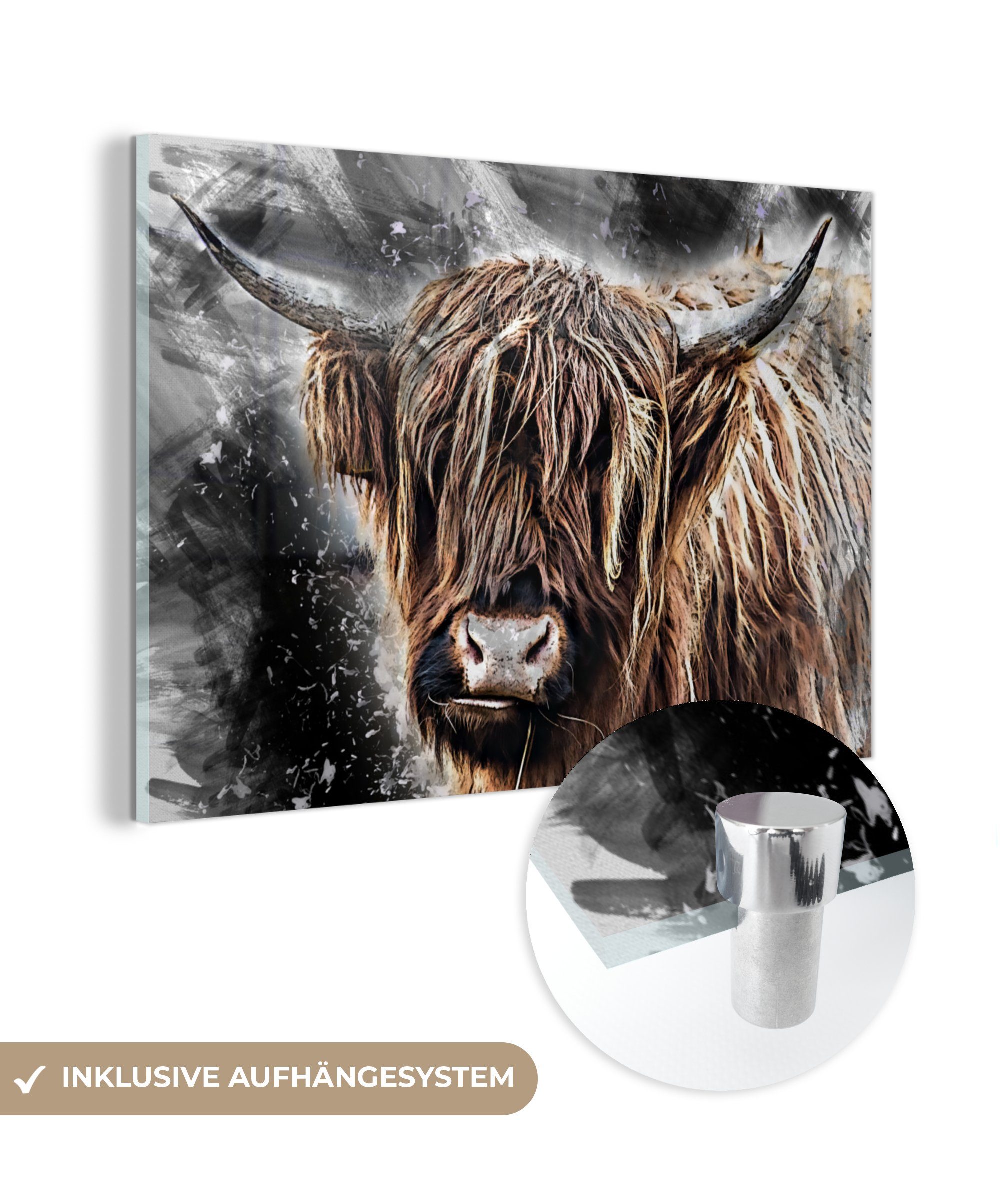 MuchoWow Acrylglasbild Schottischer Highlander - Farbe - Kuh, (1 St), Glasbilder - Bilder auf Glas Wandbild - Foto auf Glas - Wanddekoration