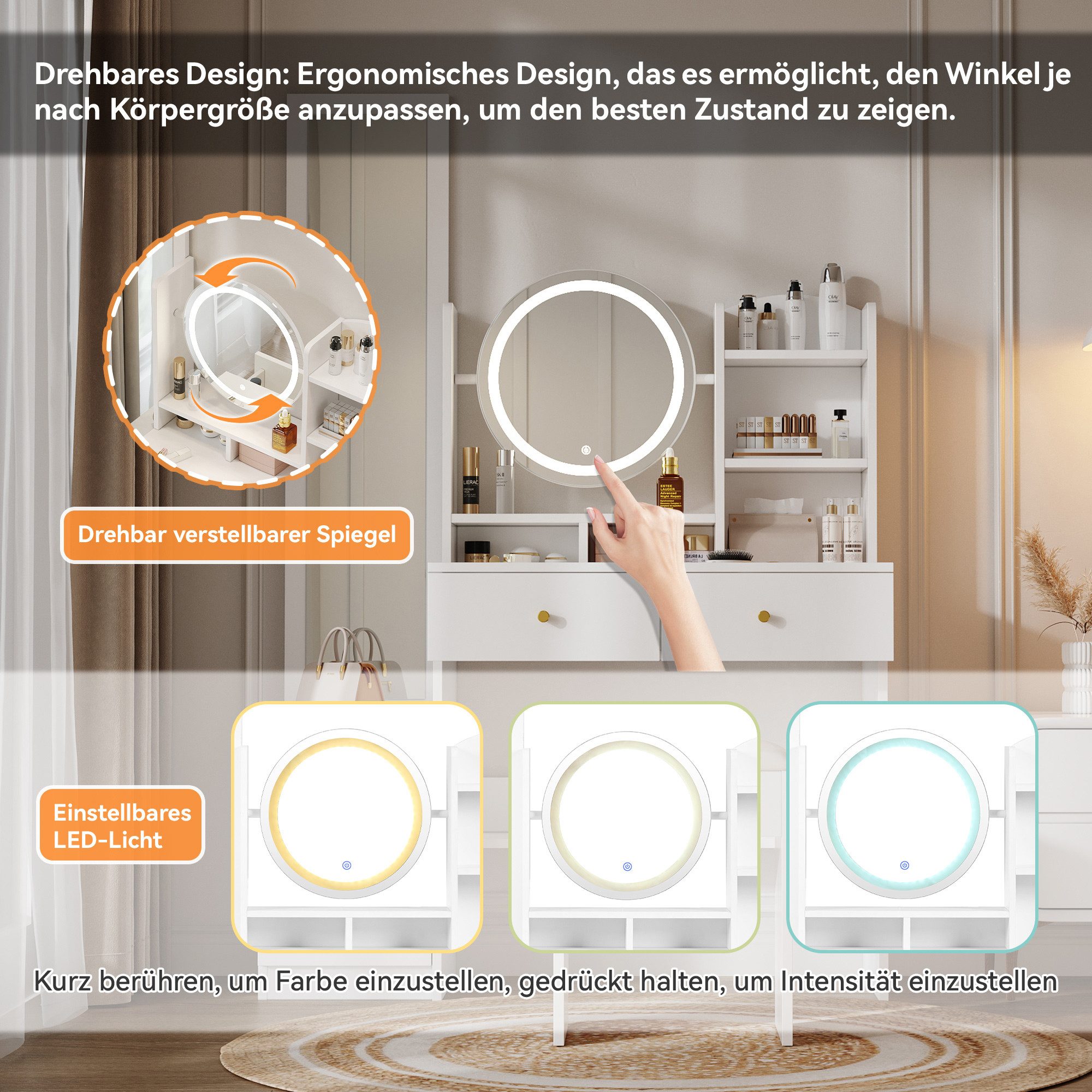 Celya Schminktisch mit Ganzkörperspiegel und drehbarem Tischspiegel (mit Schminktisch Hocker, 3 Farben LED-Beleuchtung, und 4 Schubladen), Geeignet für Schlafzimmer