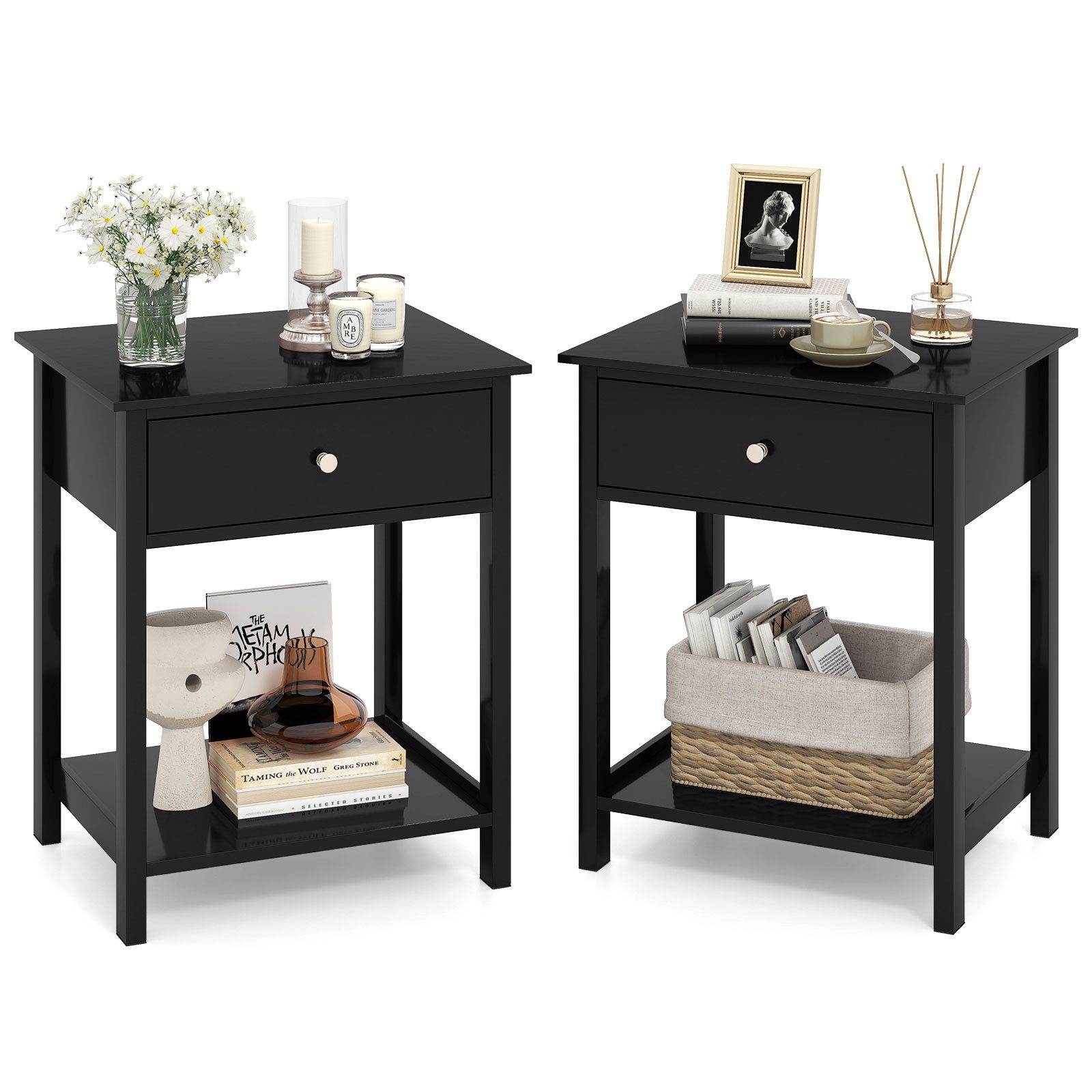 COSTWAY Nachttisch (2-St), Holz, Beistelltisch mit Schublade & Regal, schwarz
