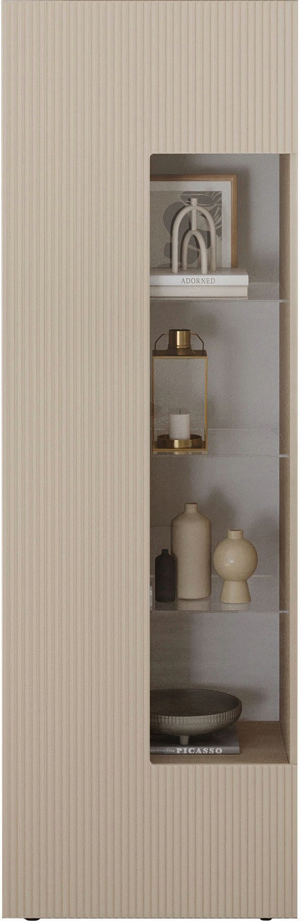 INOSIGN Vitrine RIO, Höhe 187 cm, Hochschrank mit 1 Tür, Anrichte, Standvitrine Vitrinenschrank, geriffelte MDF-Front, modern, elegant, geräumig