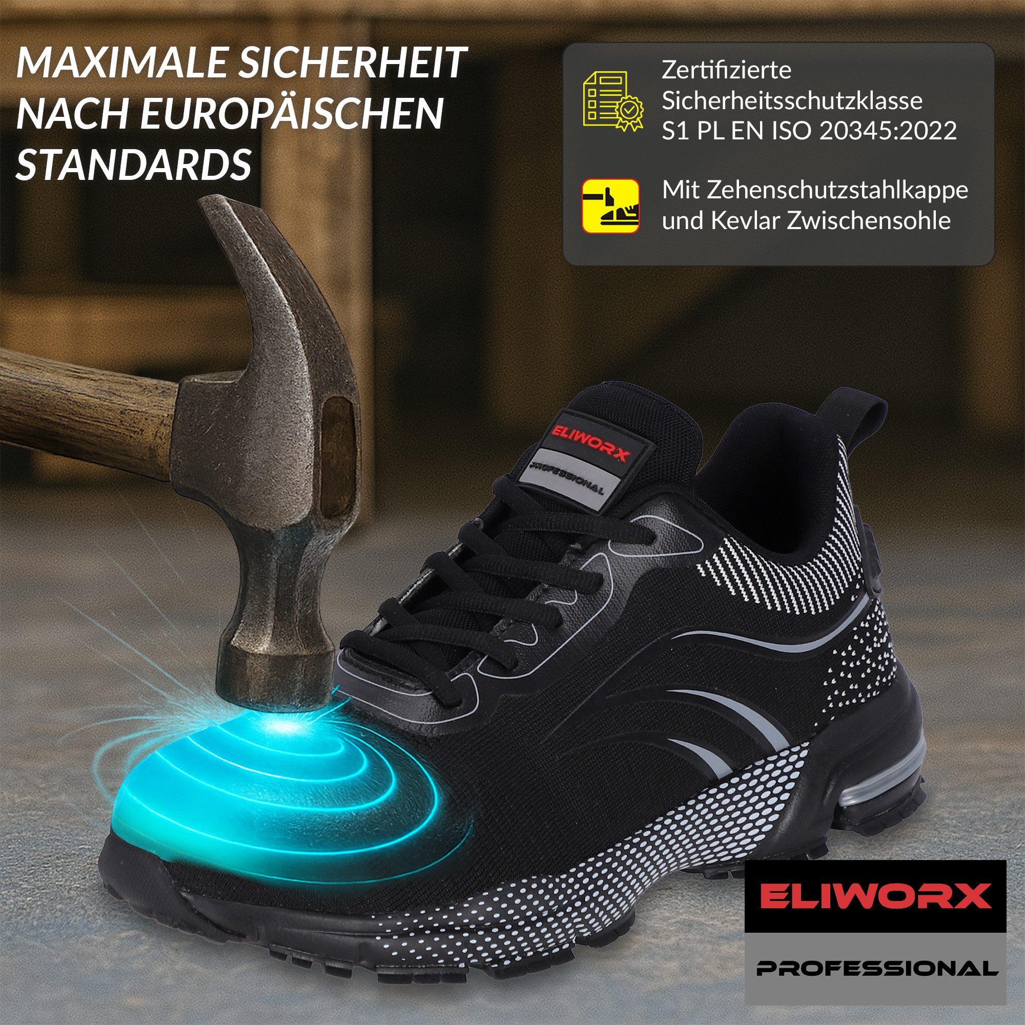 ELIWORX S1 PL Schuh mit Stahlkappe, Atmungsaktives Mesh - Arbeitsschuhe Herren Sicherheitsschuh Durchtrittsichere Zwischensohle aus Kevlar, besonders rutschhemmend