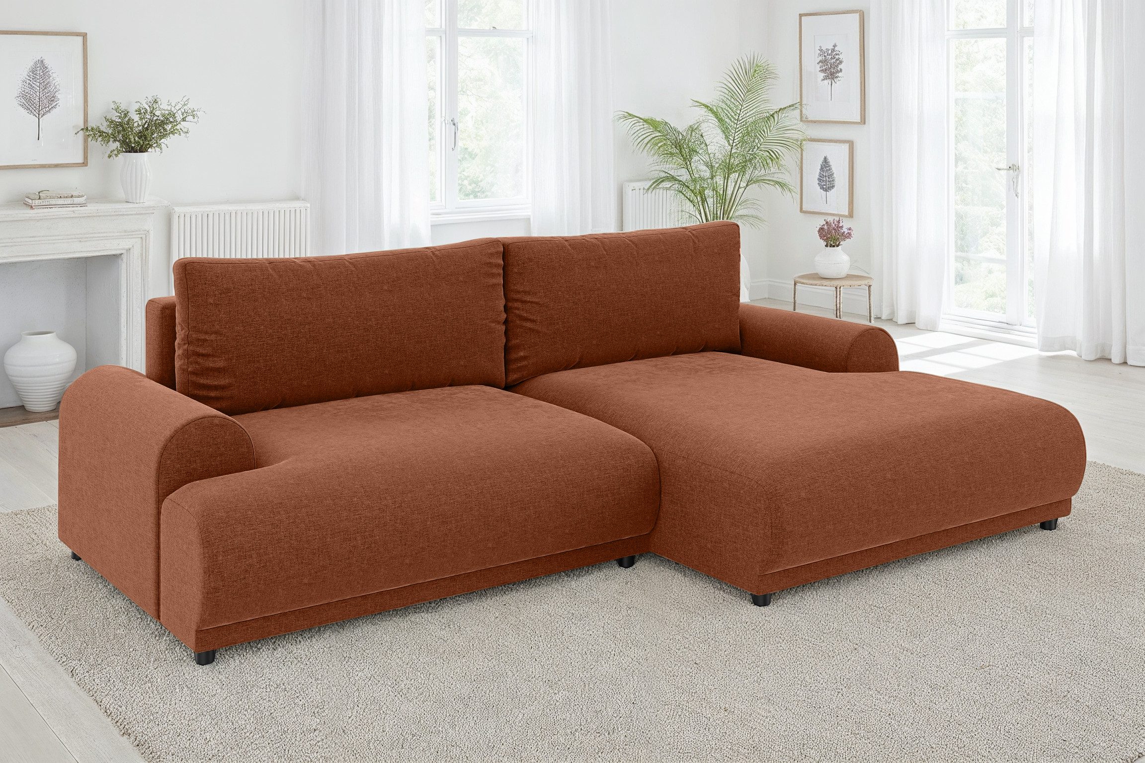 luma-home Ecksofa 21023, mit Schlaffunktion und Bettkasten, Wellenunterfederung, B240/T145/H81 cm, Liegefläche 130x196 cm, Ottomane rechts, Chenille-Bezug Terracotta