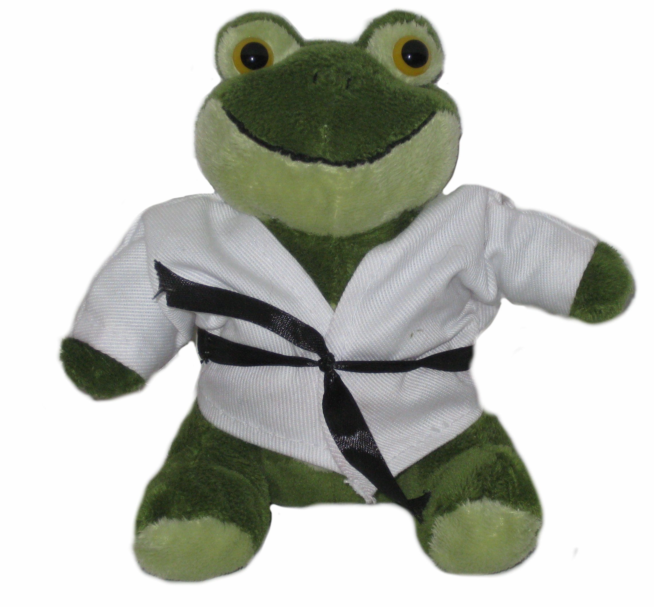 BAY-Sports Plüschfigur Frosch Plüschtier Stofftier Kampfsport Karate Kickboxen Taekwondo Glücksbringer Maskottchen (Edle Ausführung), 17 cm, Judo MMA Geschenk Teddy Teddybär mit Karateanzug Karatejacke schwarzer Gürtel