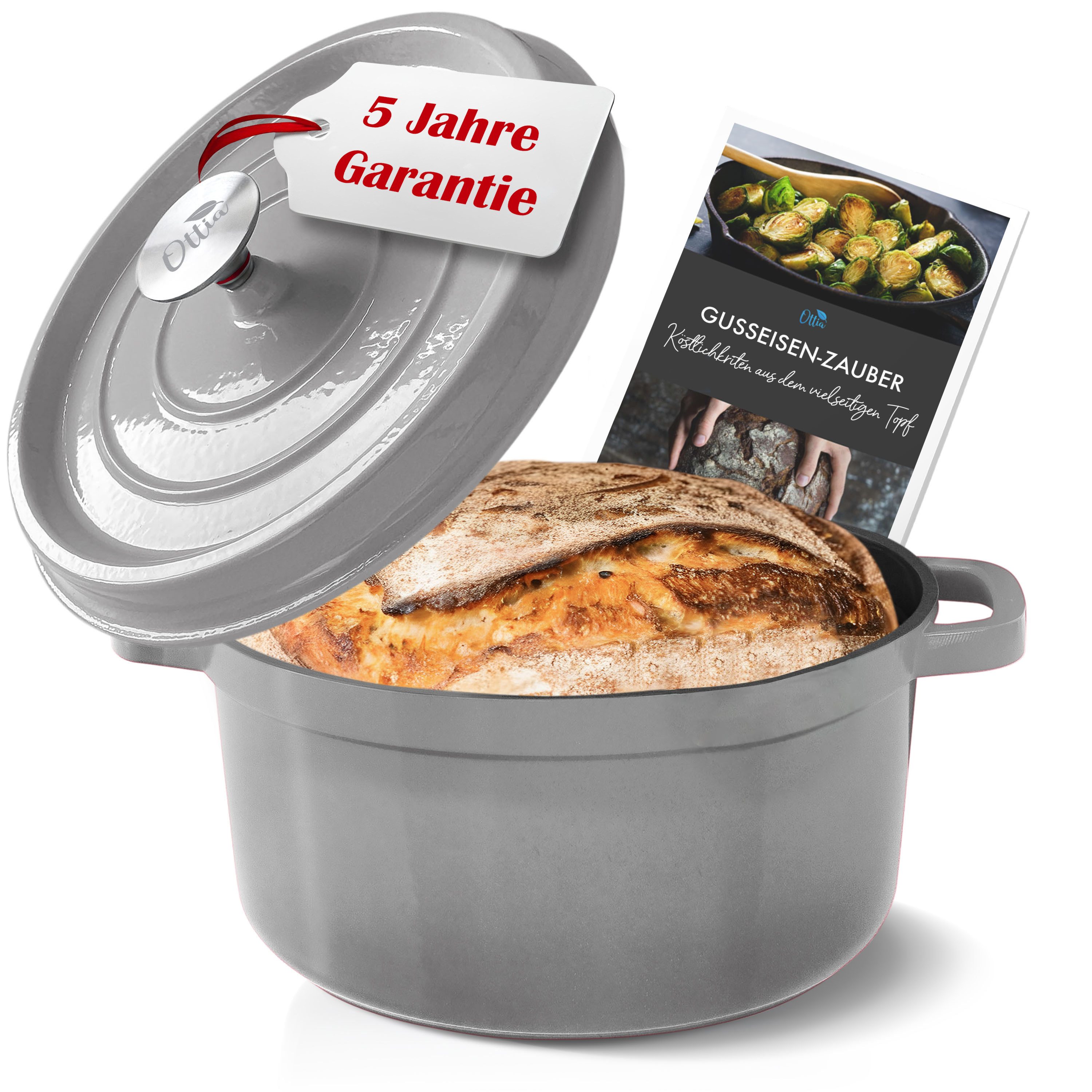 Ottia Schmortopf Gusseisen Topf, Brottopf, Кастрюли жаровни, Größen Ø22-28cm, alle Herdarten, Gusseisen, 3-lagige Emaille (inkl. E-Rezeptbuch und Garantie), Händler aus Hamburg