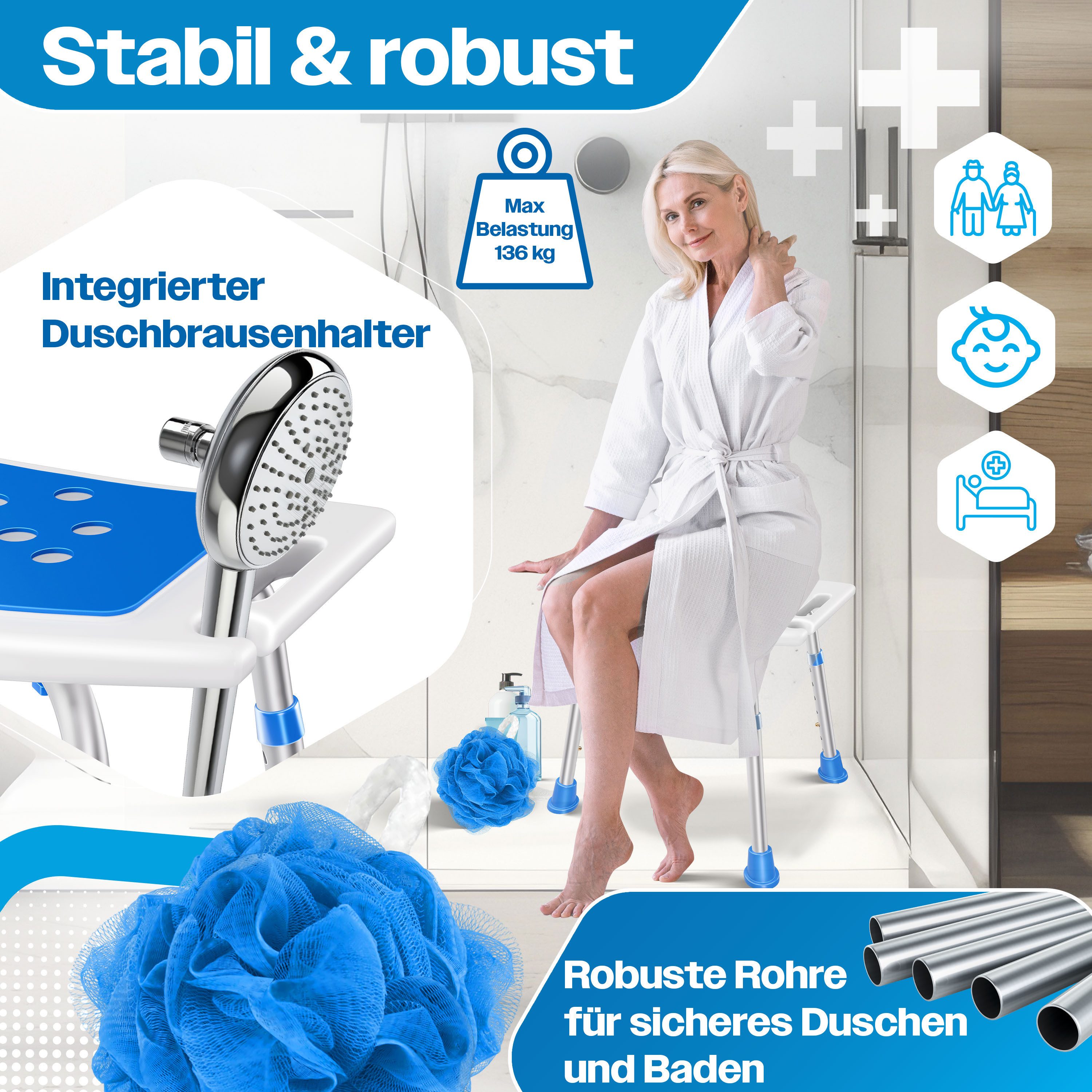 KESSER Badhocker Duschhocker höhenverstellbar & bis 136kg belastbar, Duschhilfe für Senioren, rutschfester Duschstuhl mit Zubehör – Bild 5 von 5