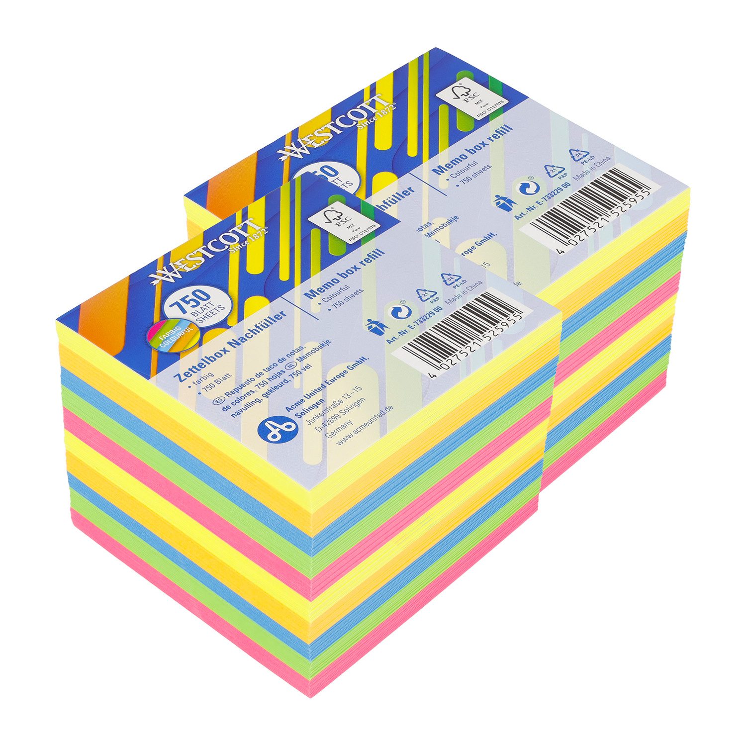 WESTCOTT Notizzettel Notizblock bunt 750 Blatt Nachfüllpack (2er-Set), 9 x 9 cm Blätter, Nachfüllset für Spenderbox, FSC-zertifiziertes Papier 80g/m