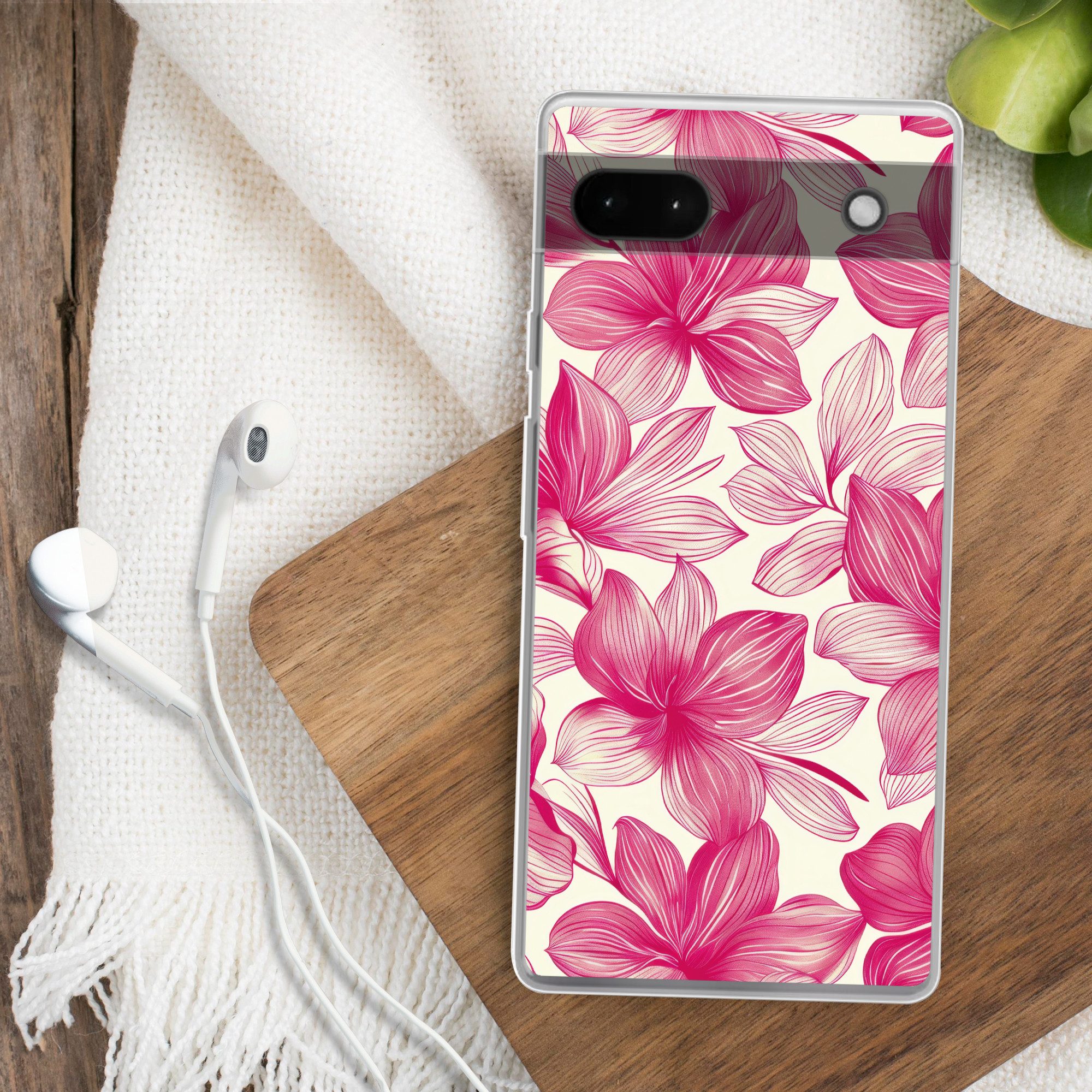 MuchoWow Handyhülle für Google Pixel 6a Blumen - Muster - Rosa - Weiß, Phone Case, Silikon, Schutzhülle Dünn