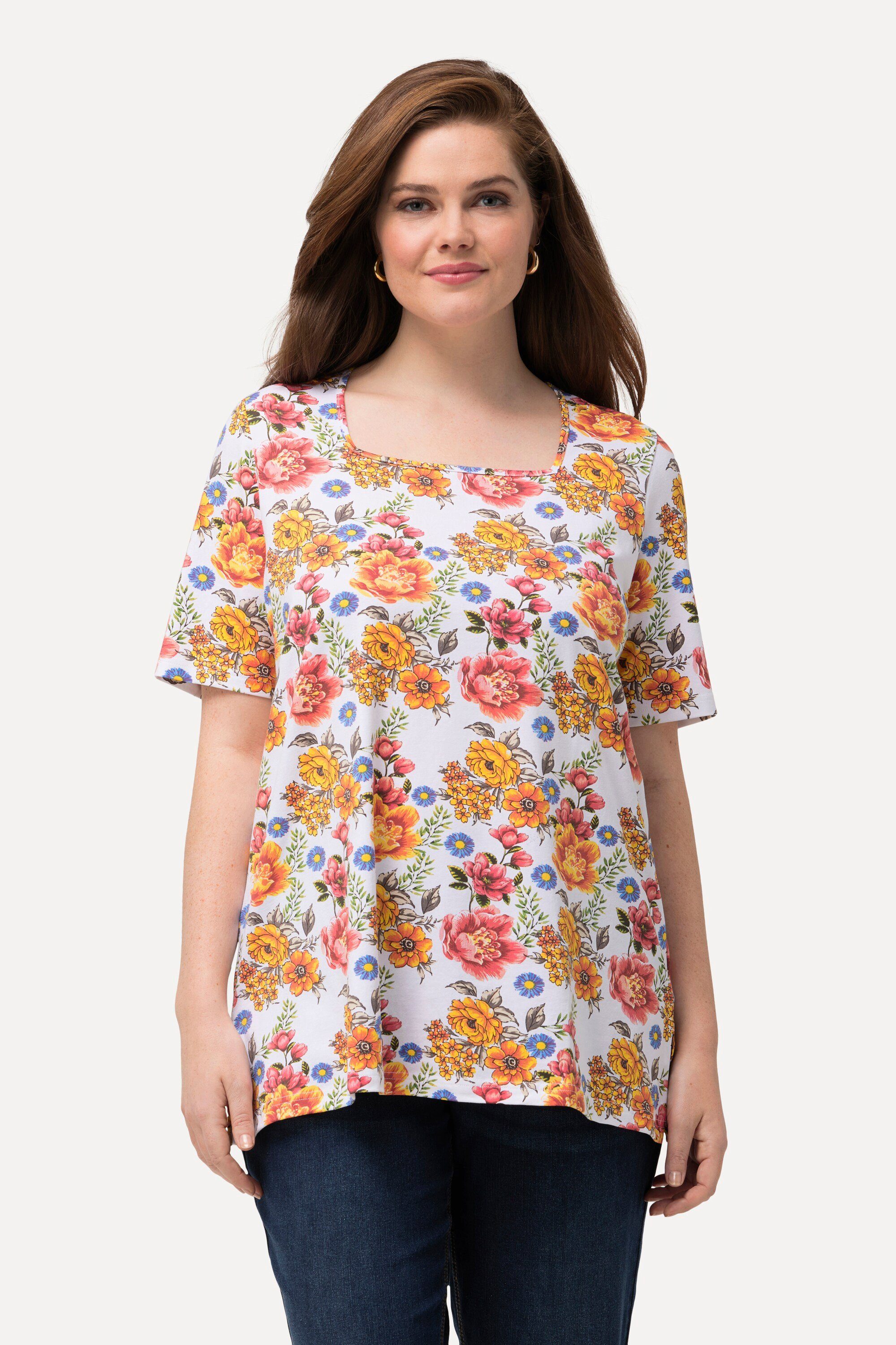 T-Shirt T-Shirt Blüten Carree-Ausschnitt Halbarm