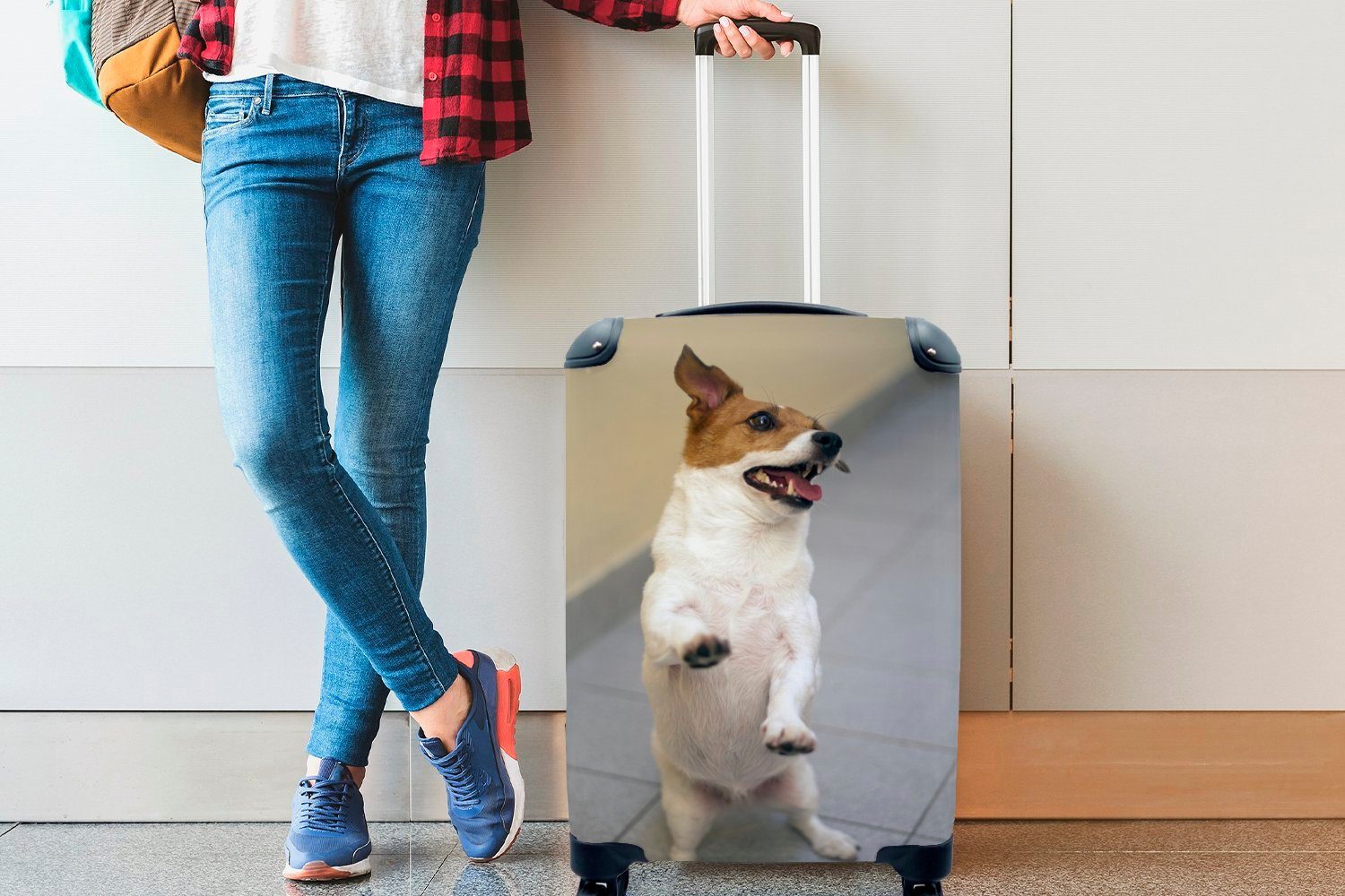 Handgepäckkoffer Trolley, Reisekoffer MuchoWow Hund, Handgepäck Rollen, Reisetasche rollen, Ferien, Stehender mit 4 Russel für Jack