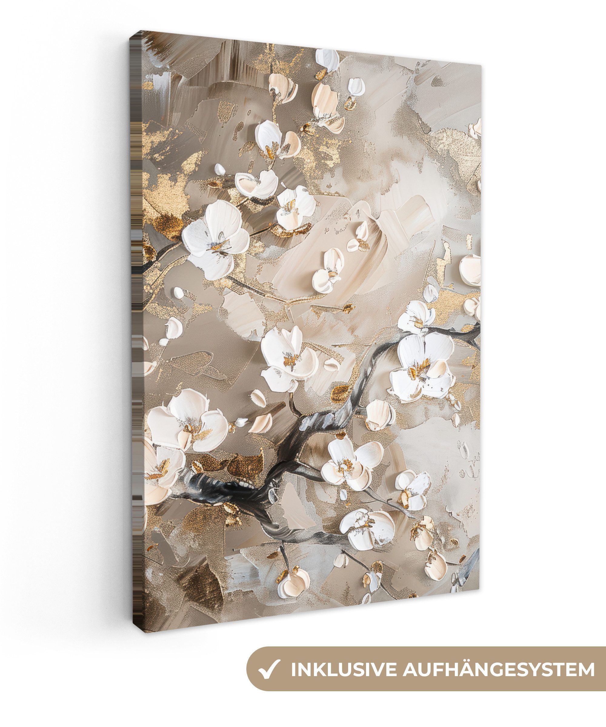 Leinwandbild Blumen - Weiß - Gold - Beige - Luxus