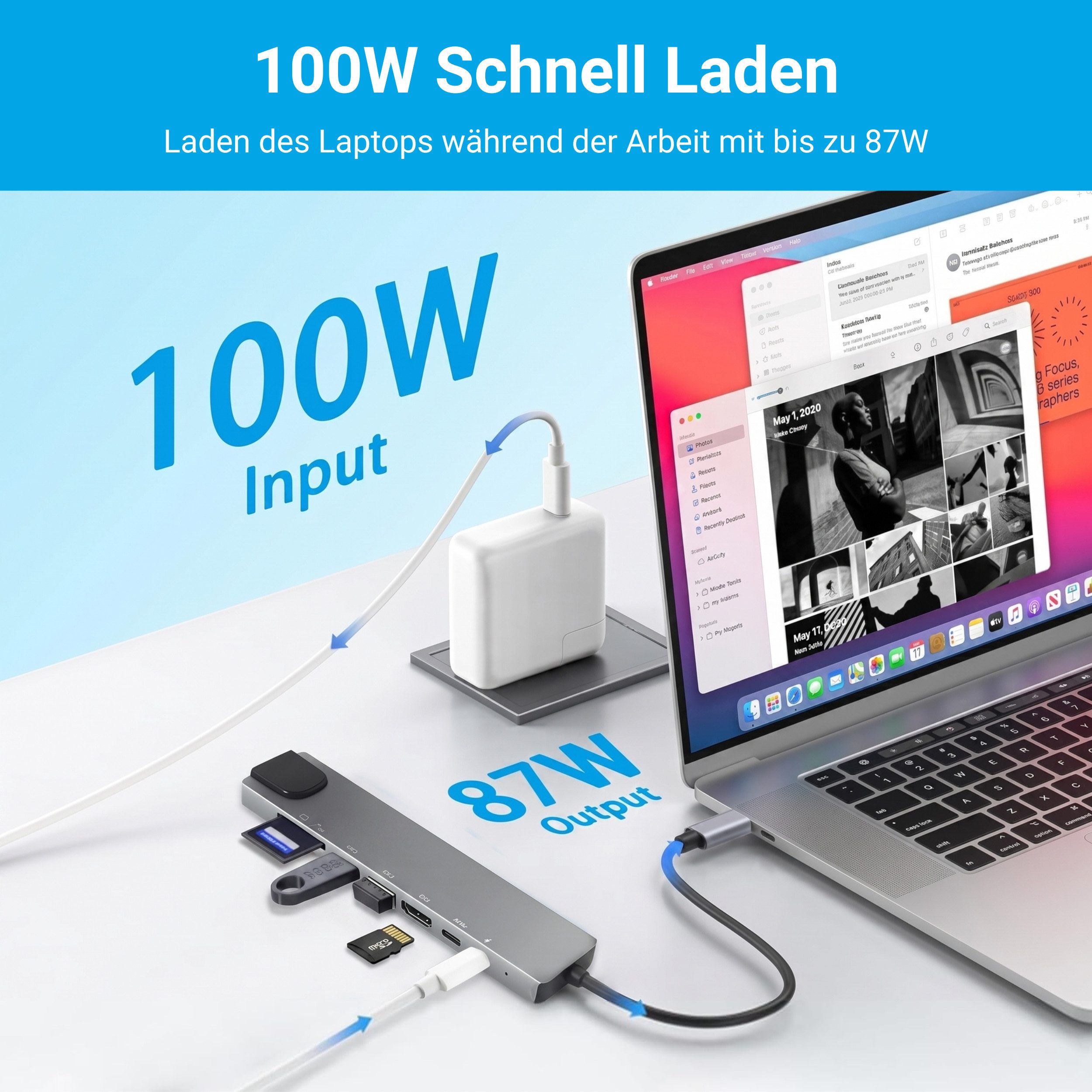 PlugUp Laptop-Dockingstation USB-C Multiport 8 in 1 Adapter 4K HDMI LAN USB 3.1 USB-C microSD & SD, Universell kompatibel mit macOS, Windows und Linux