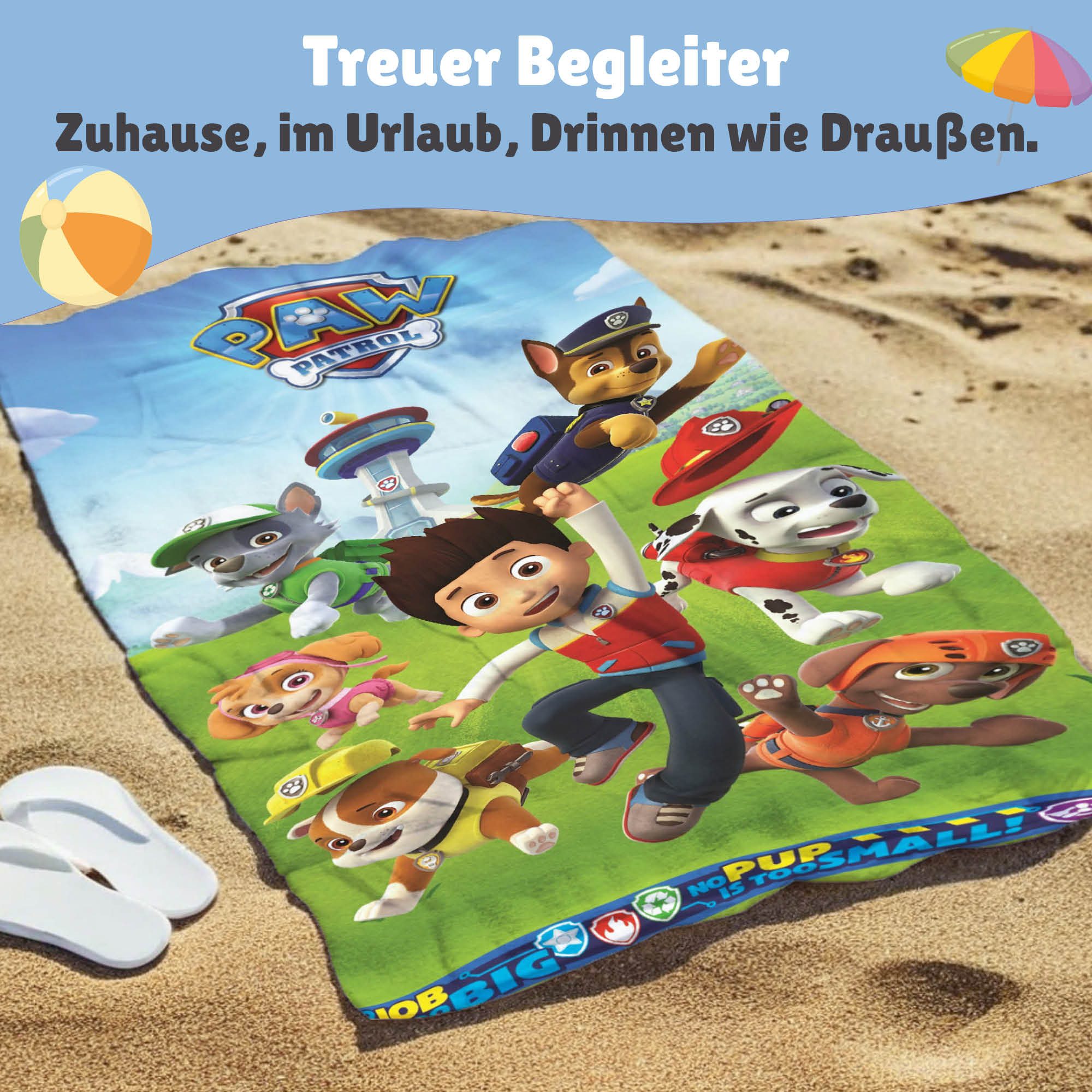 Familando Strandtücher Paw Patrol Badetuch XL 75x150 cm aus 100% Baumwolle, Handtuch, Frottee, mit allen wichtigen Charakteren und Emblem