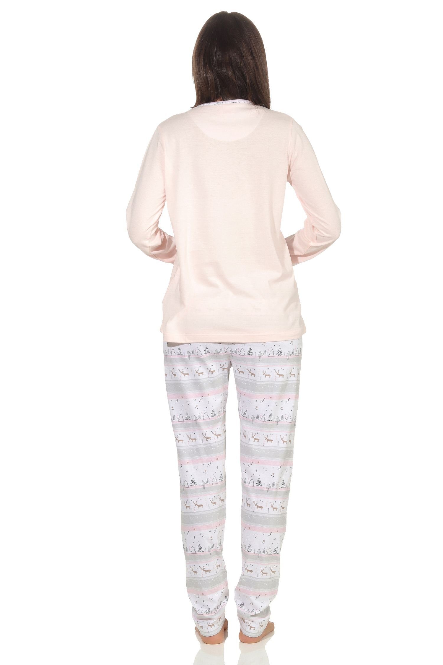 mit Pyjama Damen Weihnachtsmotiv Renntiermotiv Normann Schlafanzug langarm mit rosa