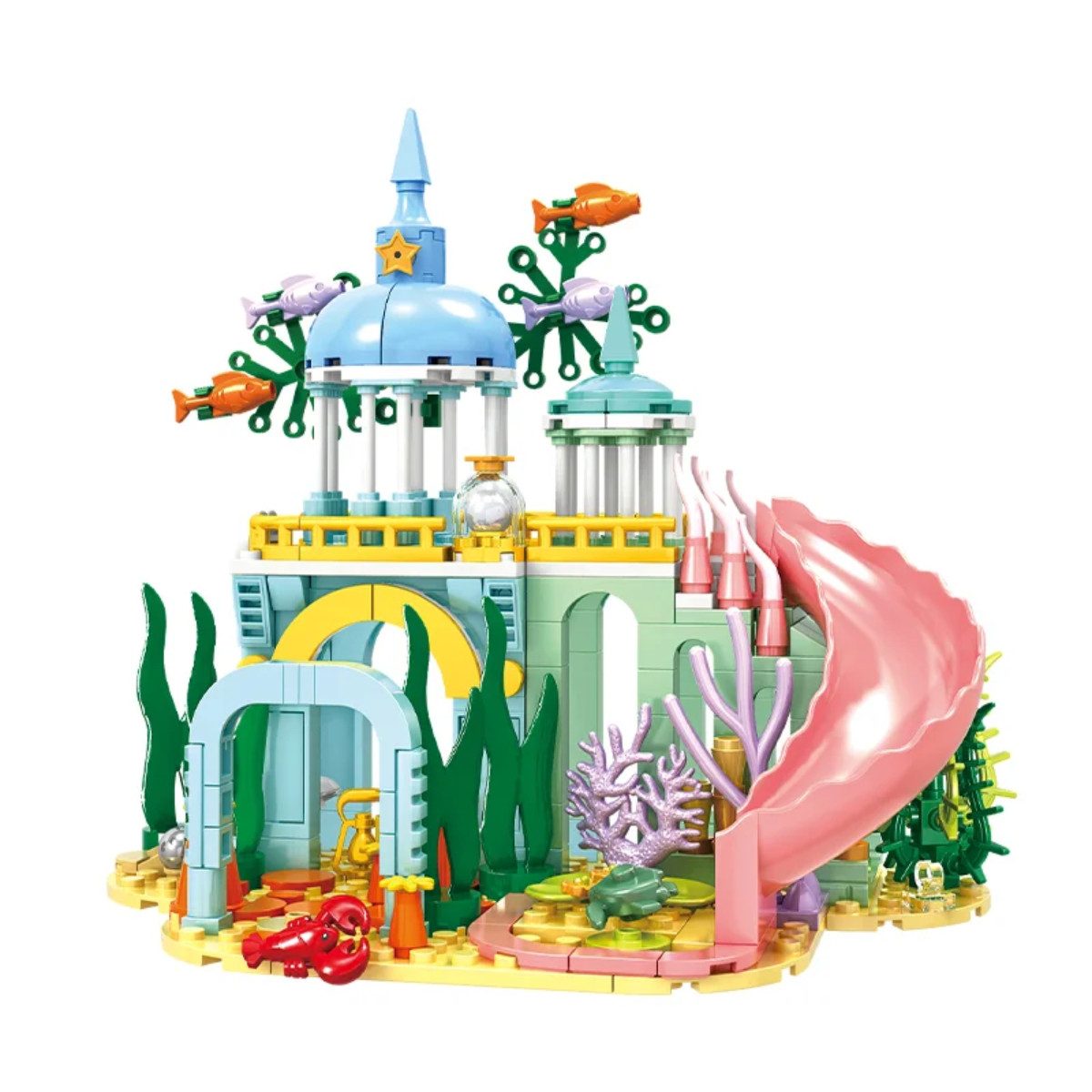 Woma W11814 Spielbausteine, (300 St., Unterwasser-Spielset aus 300 Teilen), Unterwasserwelt mit Rutsche, Meeresbewohnern und Schatzdetails