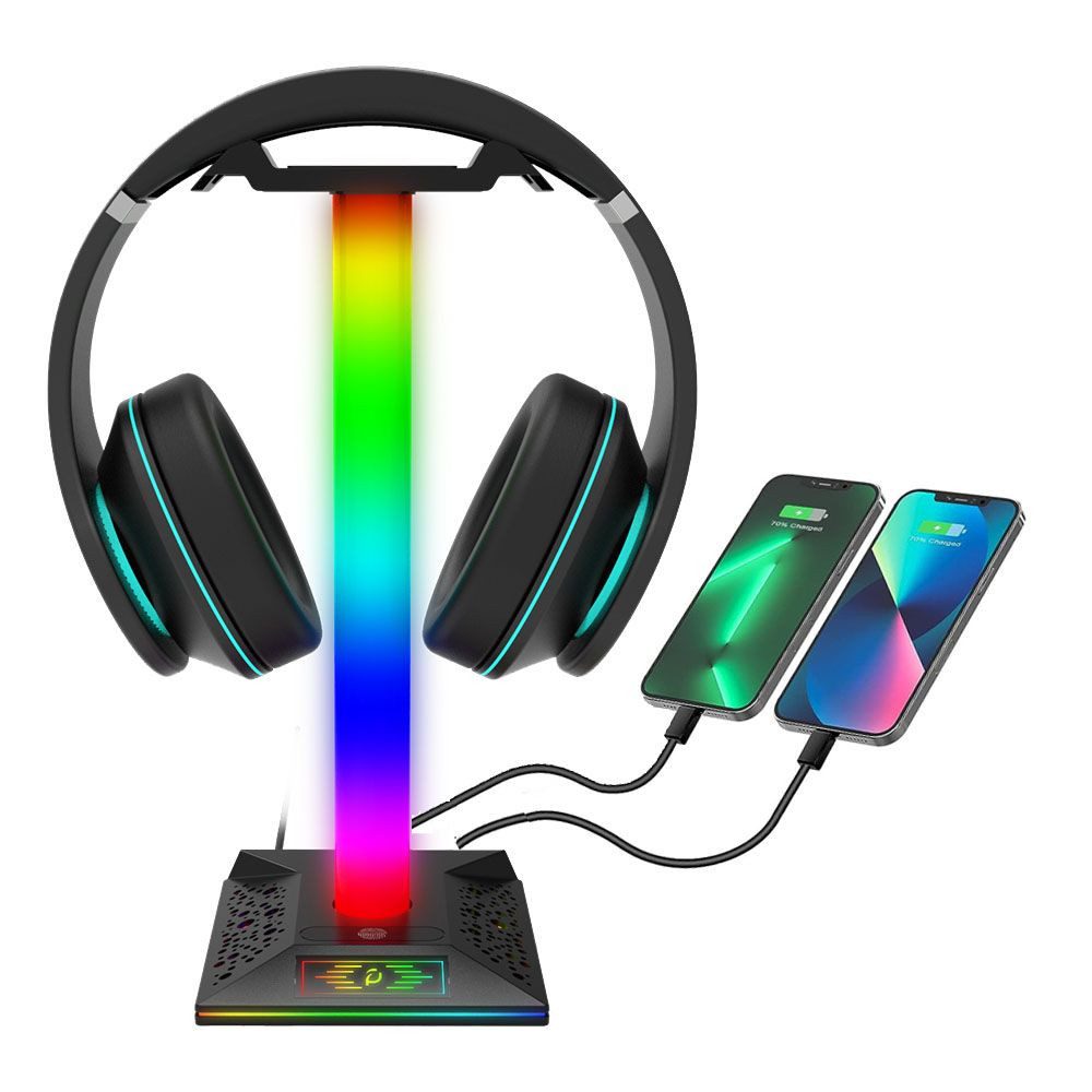 QUBEBU Headset-Halterung Headset-Stand Headset-Halterungen LED Headphone Stand Подставка для наушников, (mit 2 x USB 2.0 Ausgangsport, 1xType-C. Größe: ca. 27,2 x 11 cm)