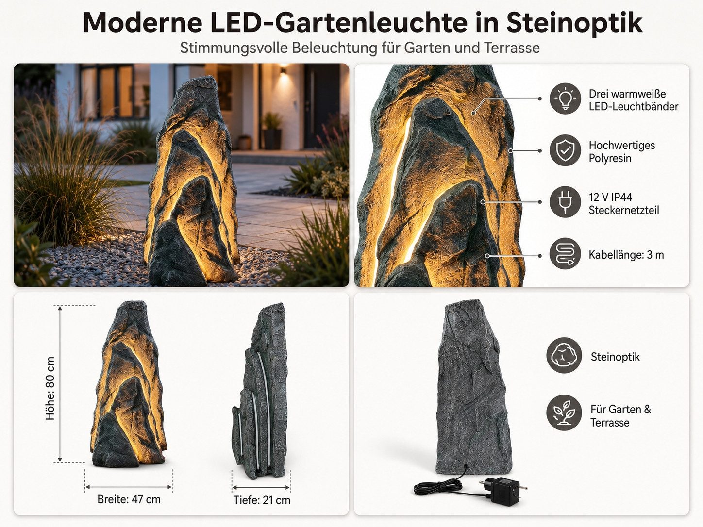 Arnusa Gartenfigur Gartenfelsen Kunstfelsen mit LED Beleuchtung Gartendeko Teichdeko, (Gartenleuchte warmweiß), Wegeleuchte mit 3m Kabel