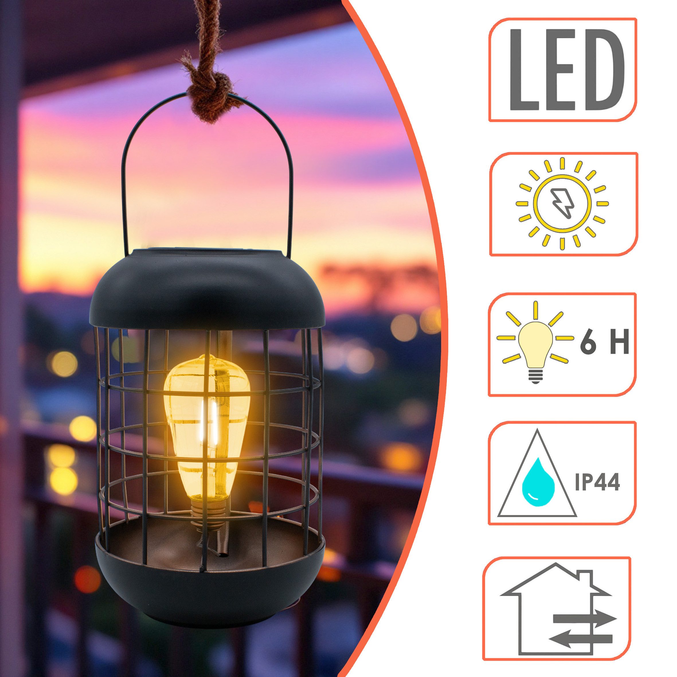Spetebo LED Laterne Retro Metall Hängeleuchte schwarz mit LED Glühbirne, Solar betrieben, LED wechselbar, warm weiß, spritzwassergeschützt