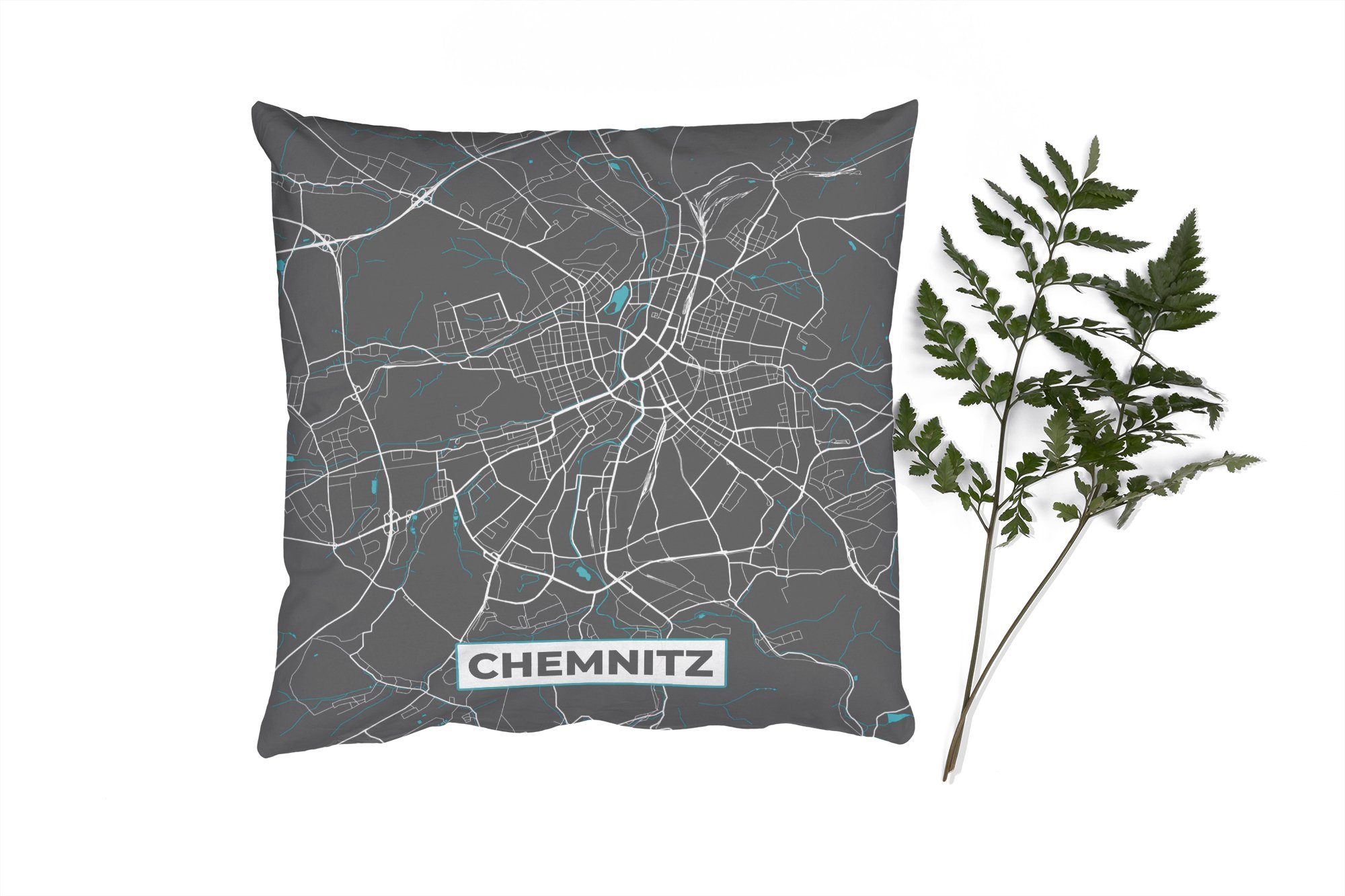 MuchoWow Dekokissen Karte - Stadtplan - Chemnitz - Deutschland - Blau, Zierkissen mit Füllung für Wohzimmer, Schlafzimmer, Deko, Sofakissen | Dekokissen
