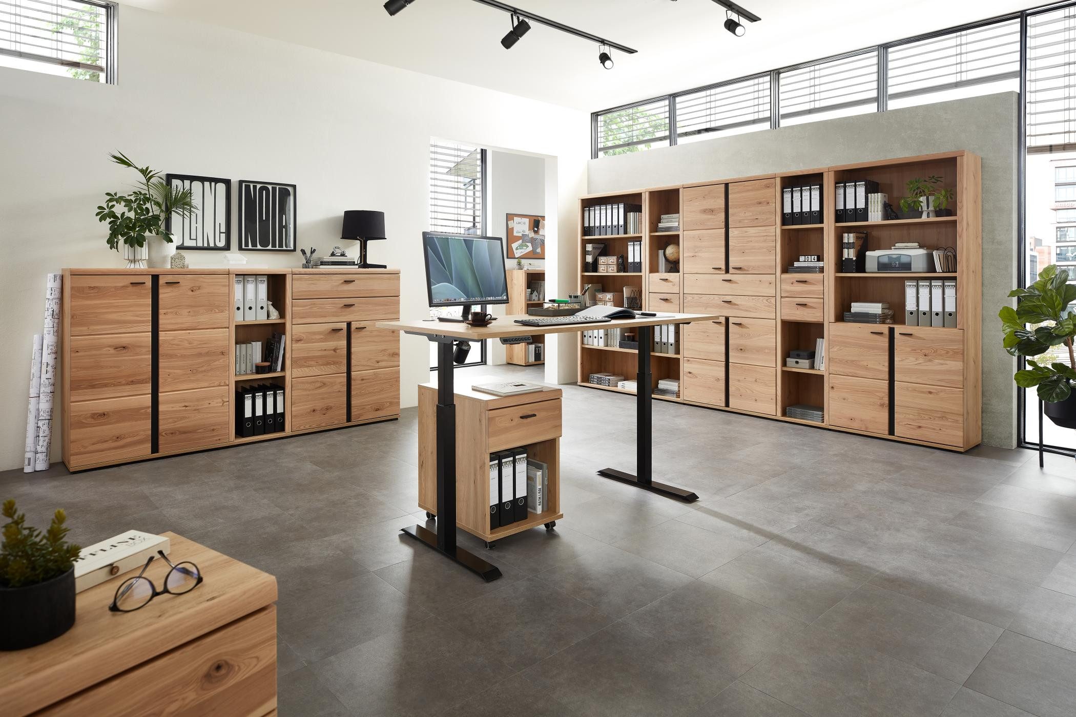 Innostyle Büromöbel-Set Komplettbüro SONOS I 10-teilig Front Altesche Massivholz gebürstet, (Komplett-Set, 10-tlg., 4x Schrank, 4x Regal, 1x Schreibtisch, 1x Rollcontainer)