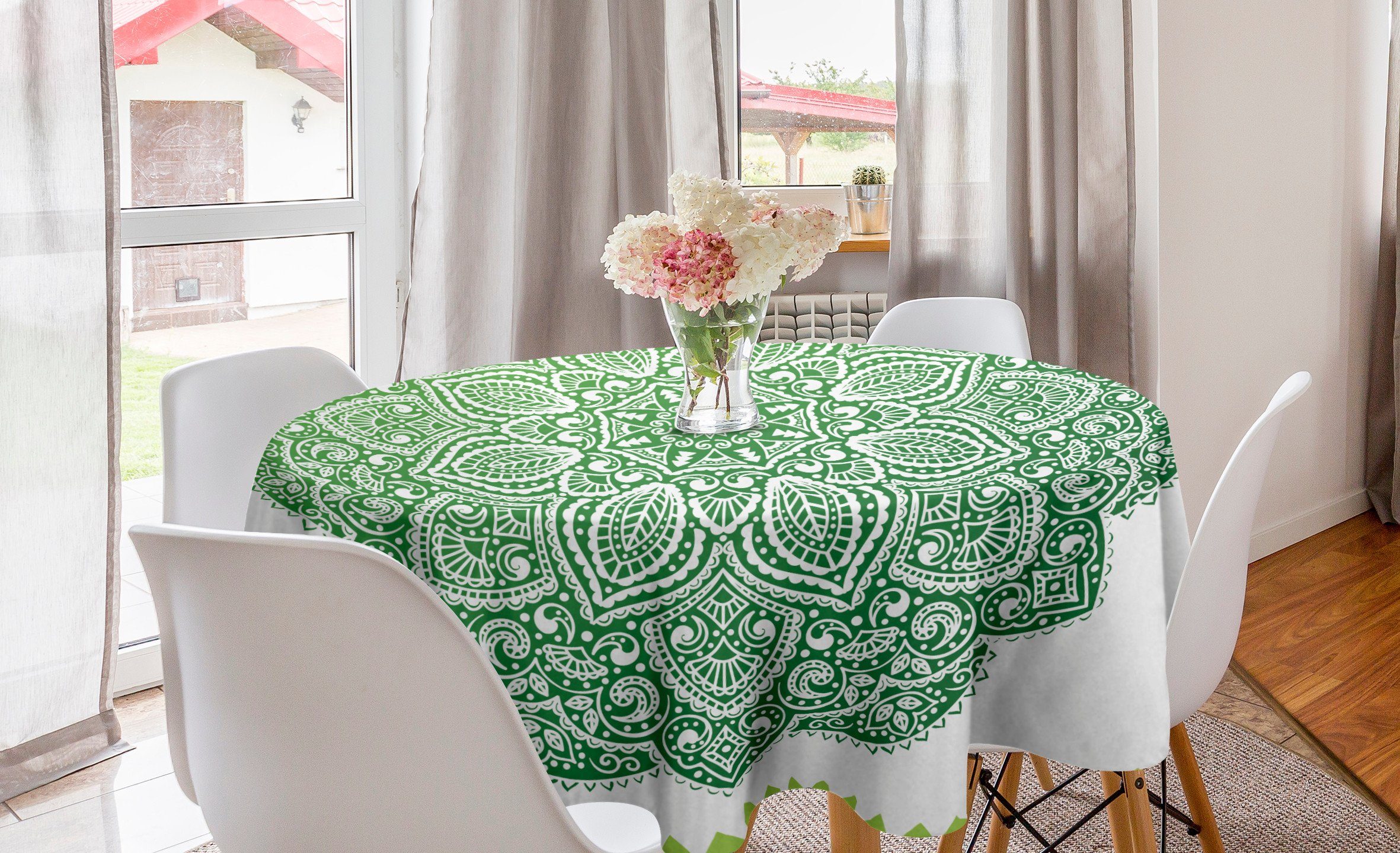 Blumenmuster Aufwändige Esszimmer Dekoration, Tischdecke Abdeckung Tischdecke Mandala für Kreis Küche Abakuhaus