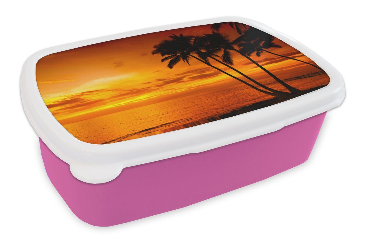 MuchoWow Lunchbox (2-tlg), rosa Brotbox Orange Kunststoff Sonnenuntergang Mädchen, Kunststoff, - Meer, Tropisch - - - Snackbox, Erwachsene, Palme Brotdose Kinder, für